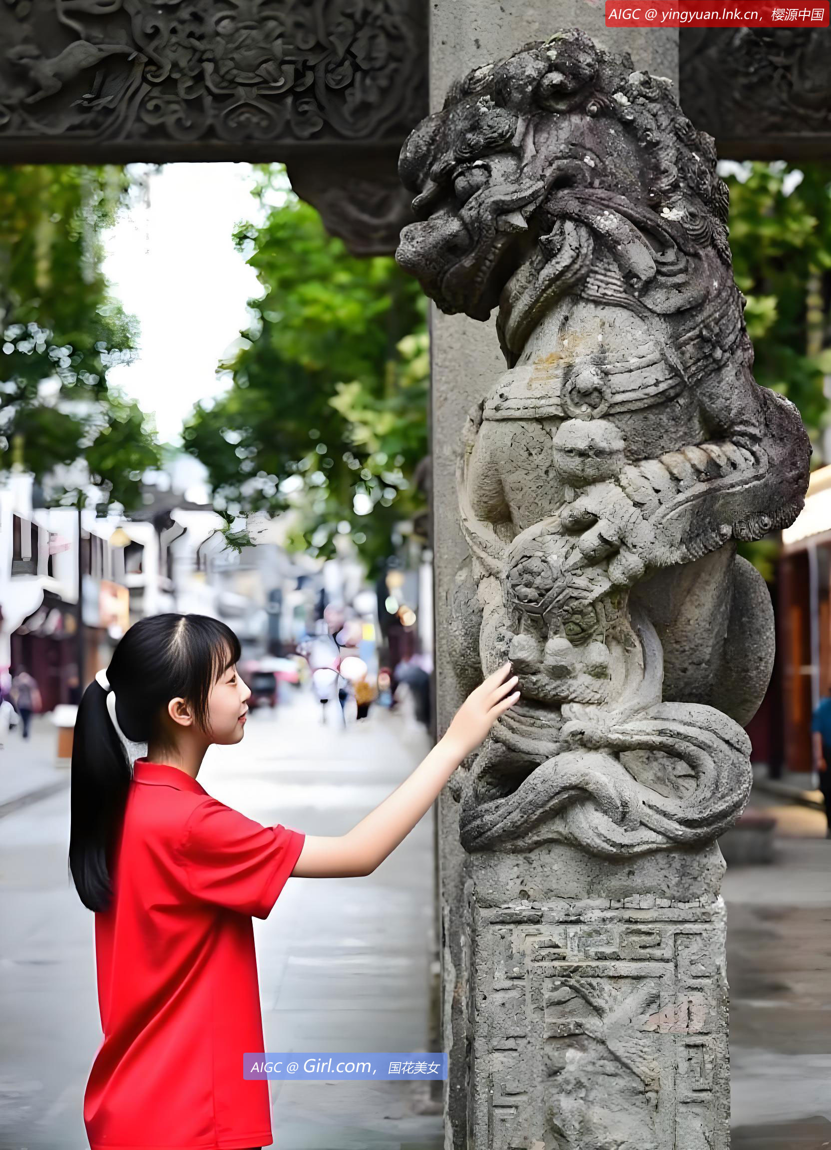 一个红衣少女在触摸许国石坊牌坊前的石狮子。