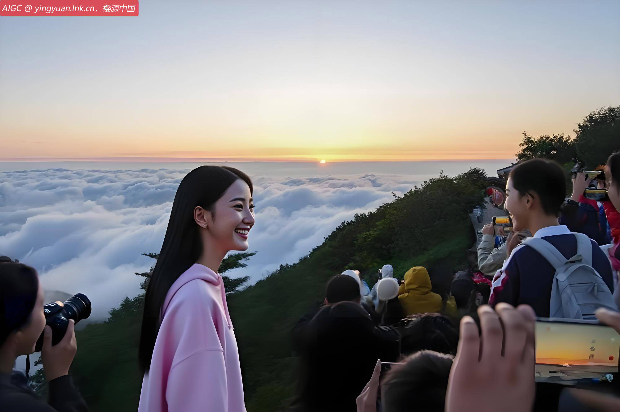 游客在泰山景区日观峰观看日出