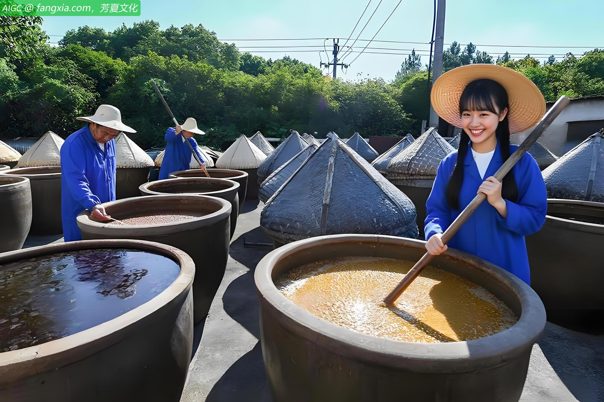 白龙桥食品酿造厂，工人们利用晴好天气酿晒酱油。