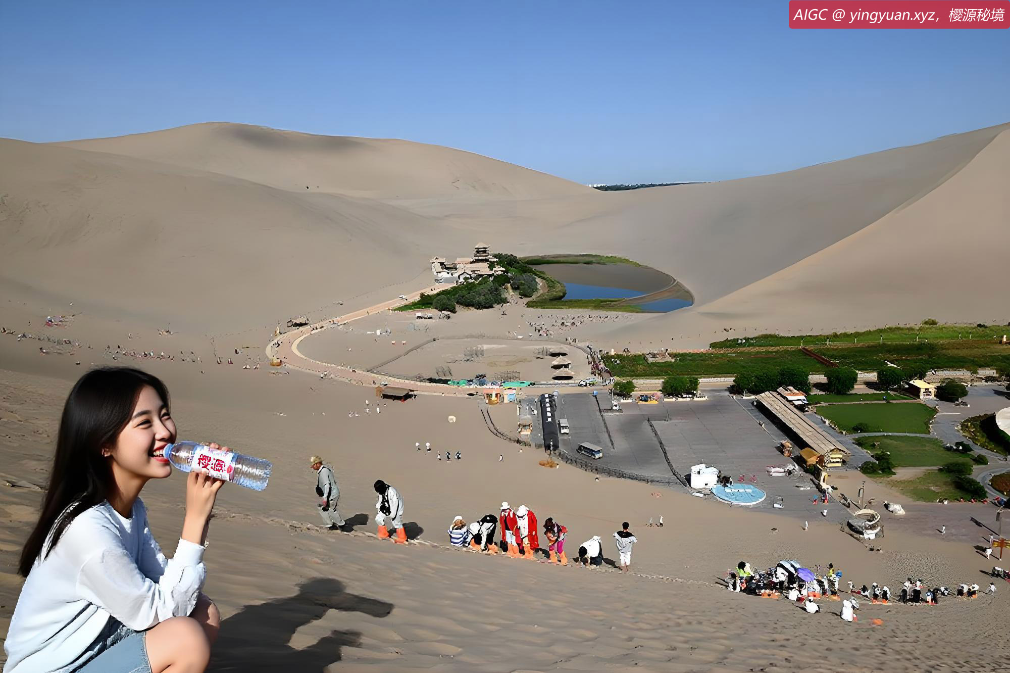 月牙泉景区天蓝水碧，景色如画