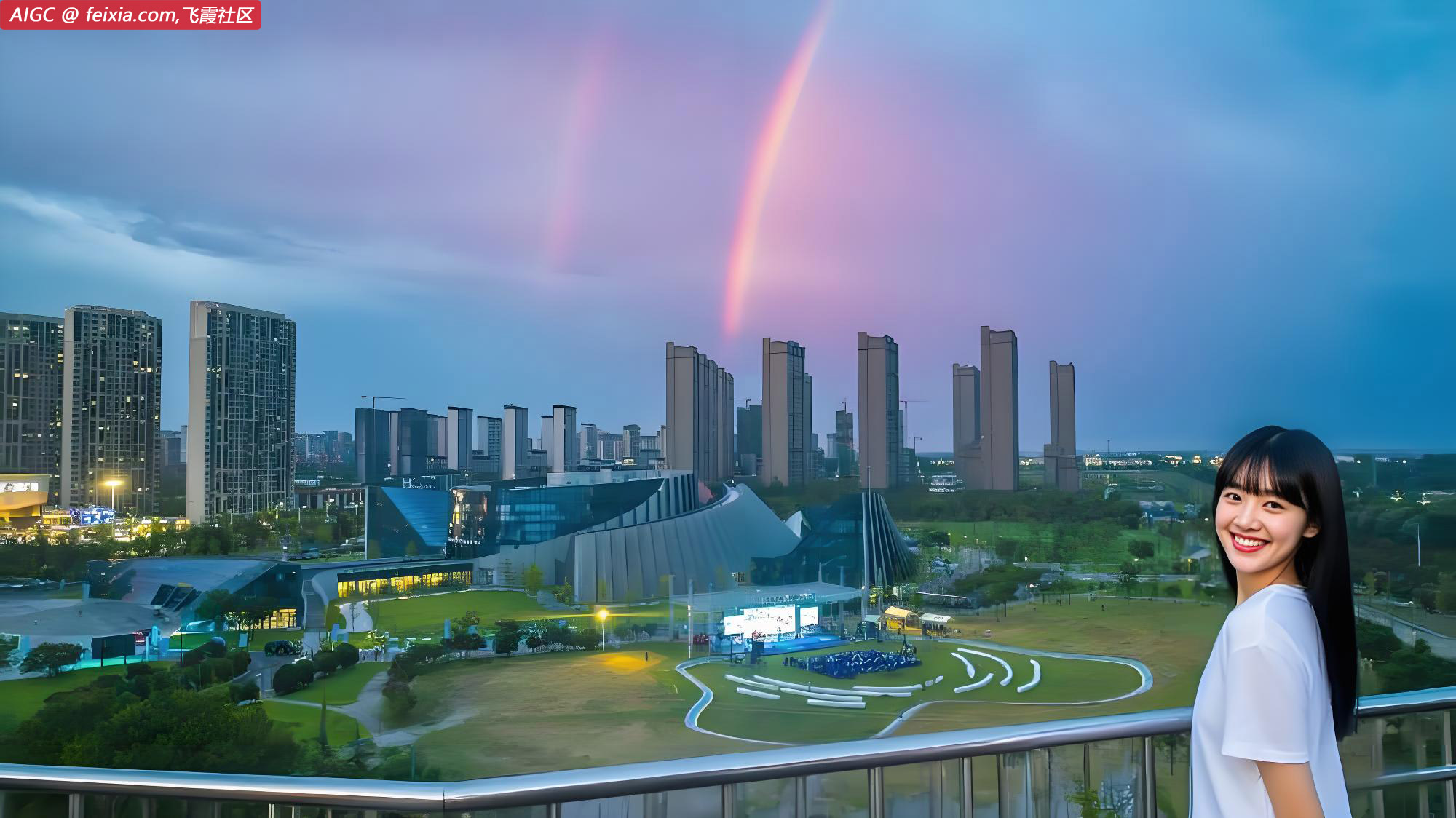江苏泗洪县雨过天晴，天空现晚霞和彩虹同框奇观