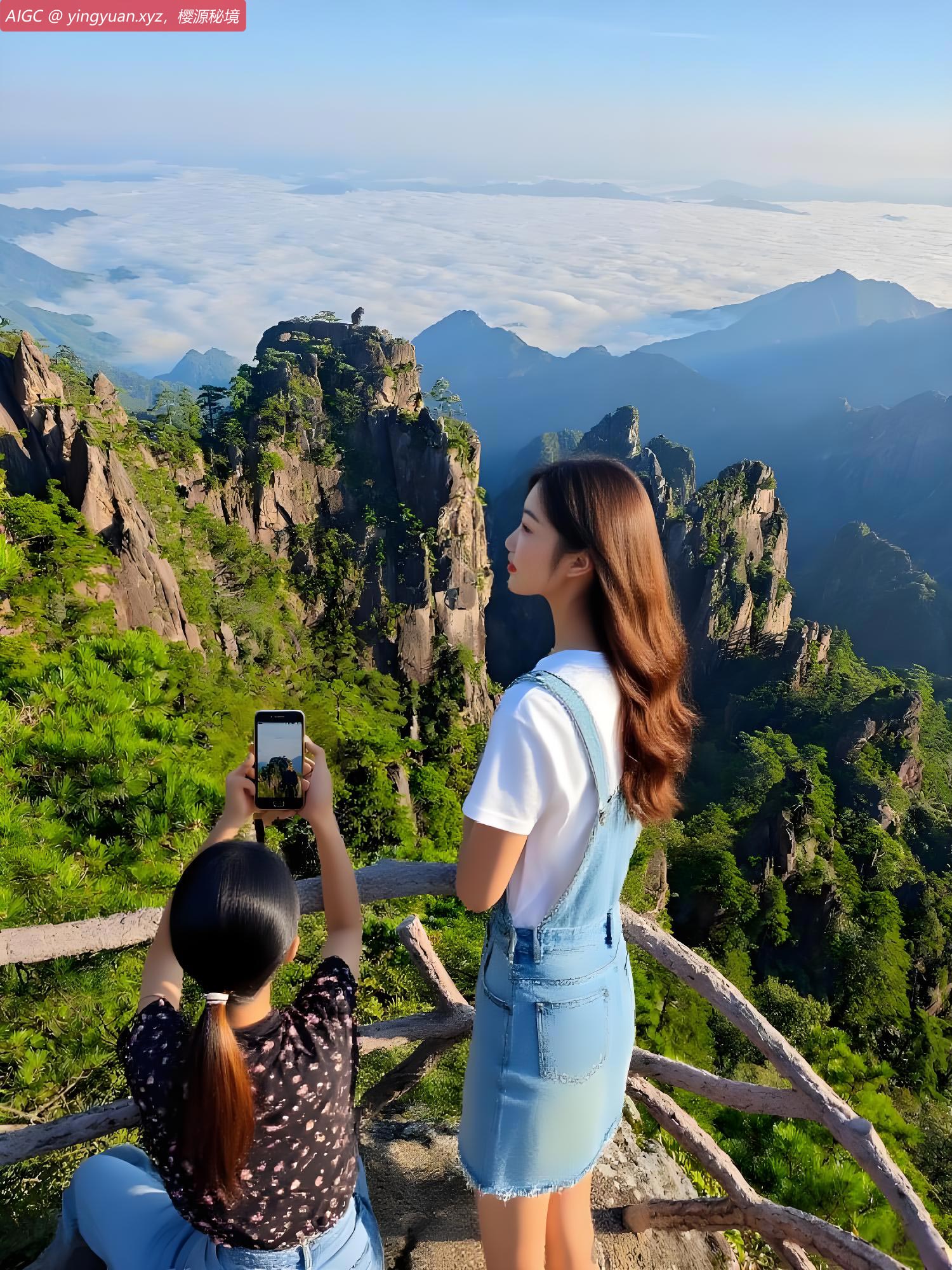 猴子观海景点，天空晴好，游客们正在欣赏美景