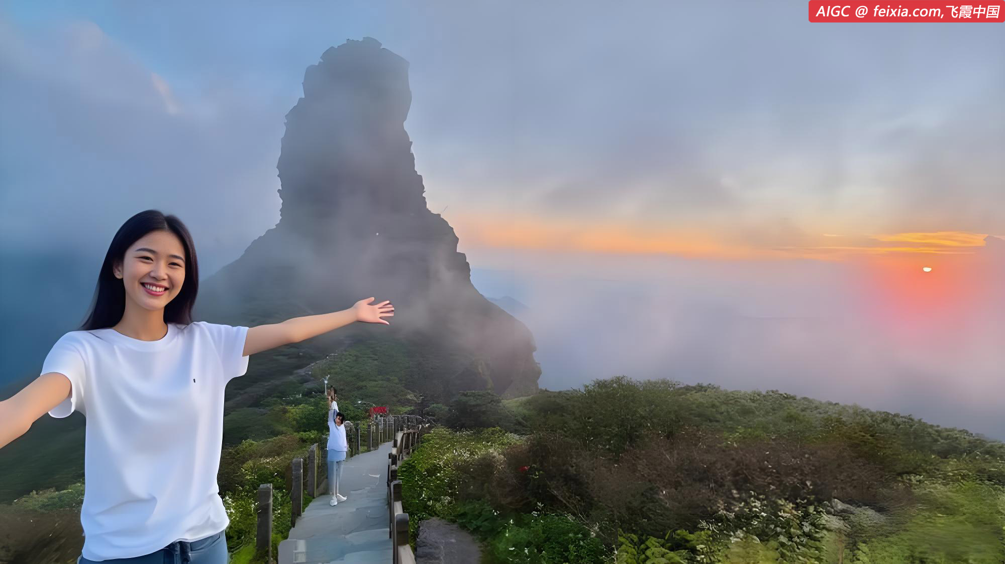 梵净山景区夕阳映照，云海翻滚、霞光四射