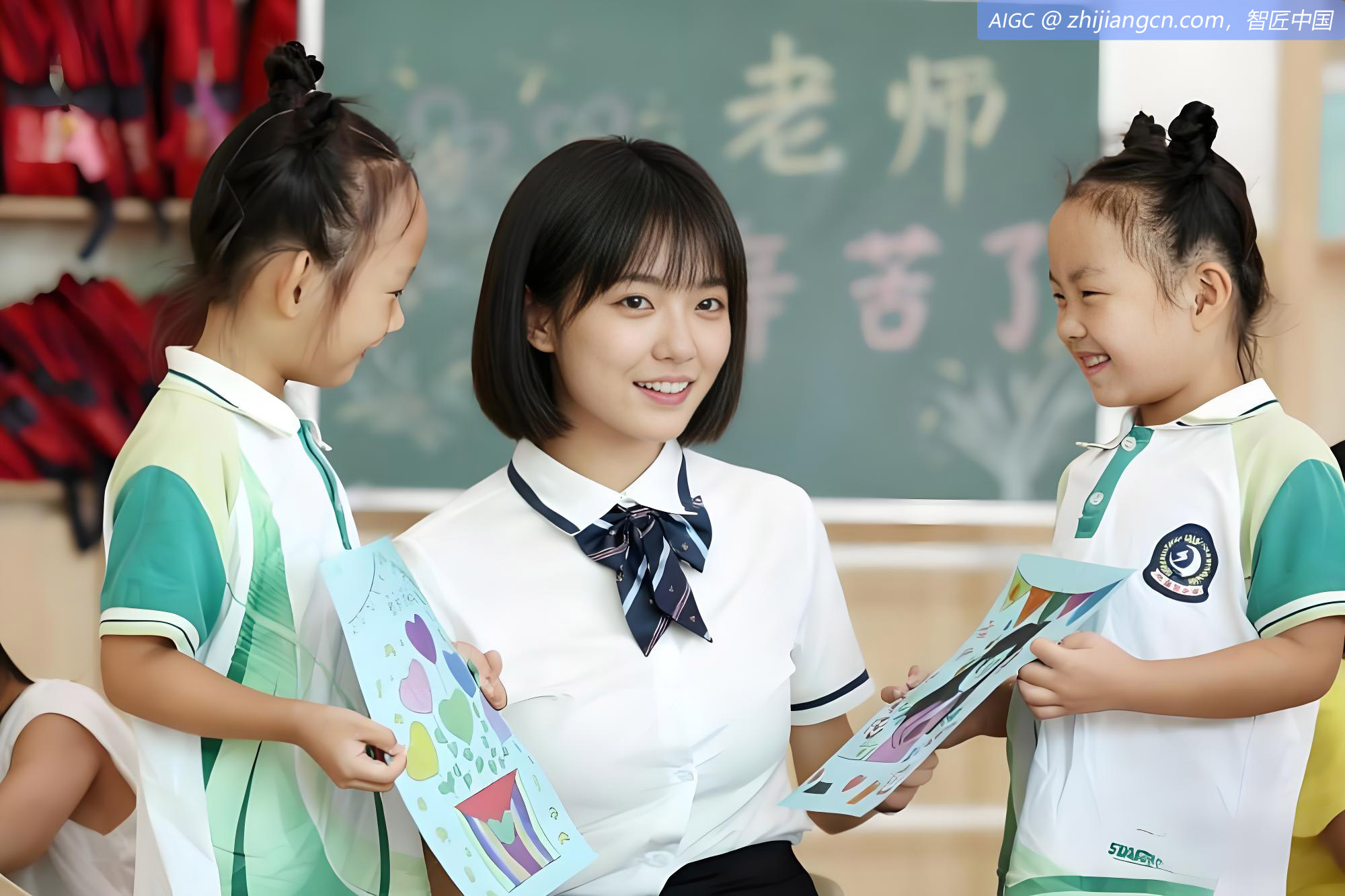 山东省郯城县官塘幼儿园的孩子将绘画送给老师