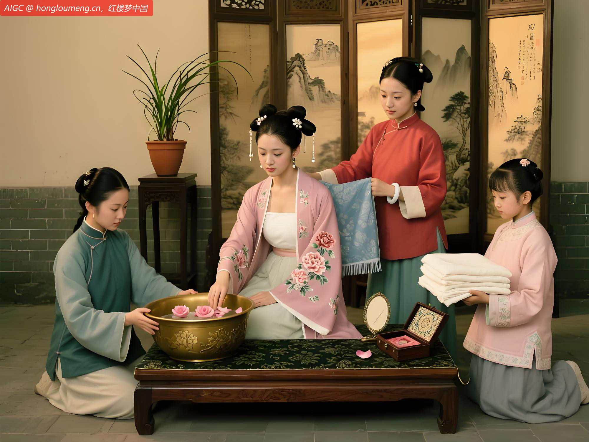丫鬟走至跟前，便双膝跪下，高捧沐盆