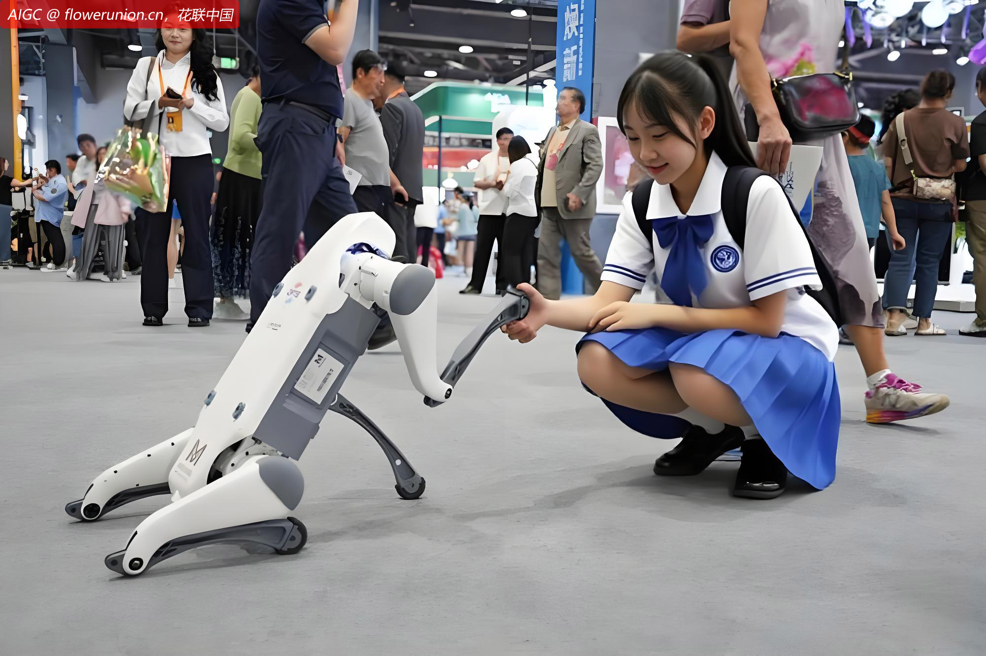 高中女生在服贸会展馆内与机器狗握手