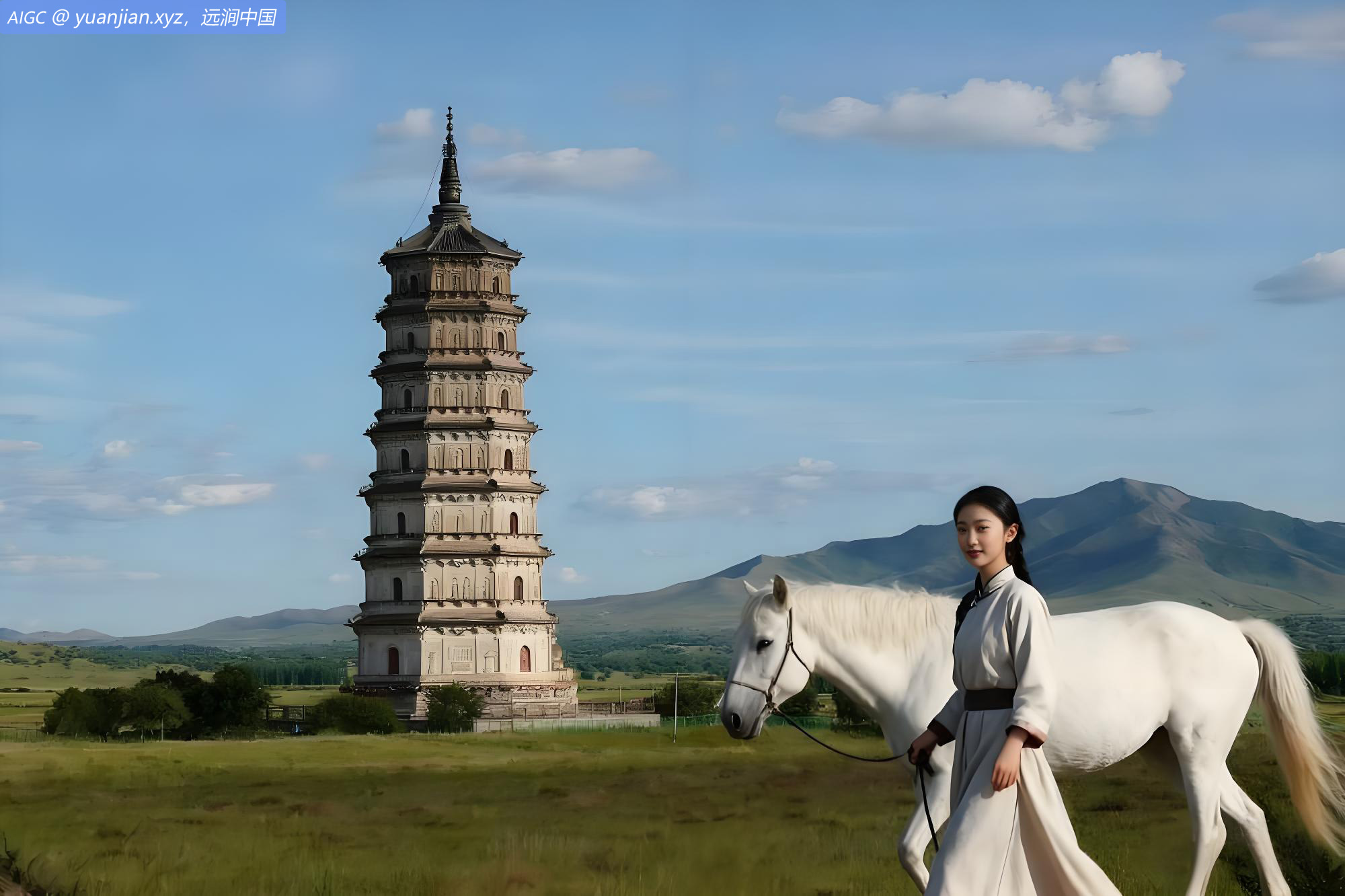 赤峰市巴林右旗，一匹白马紧跟在一位姑娘的身边。