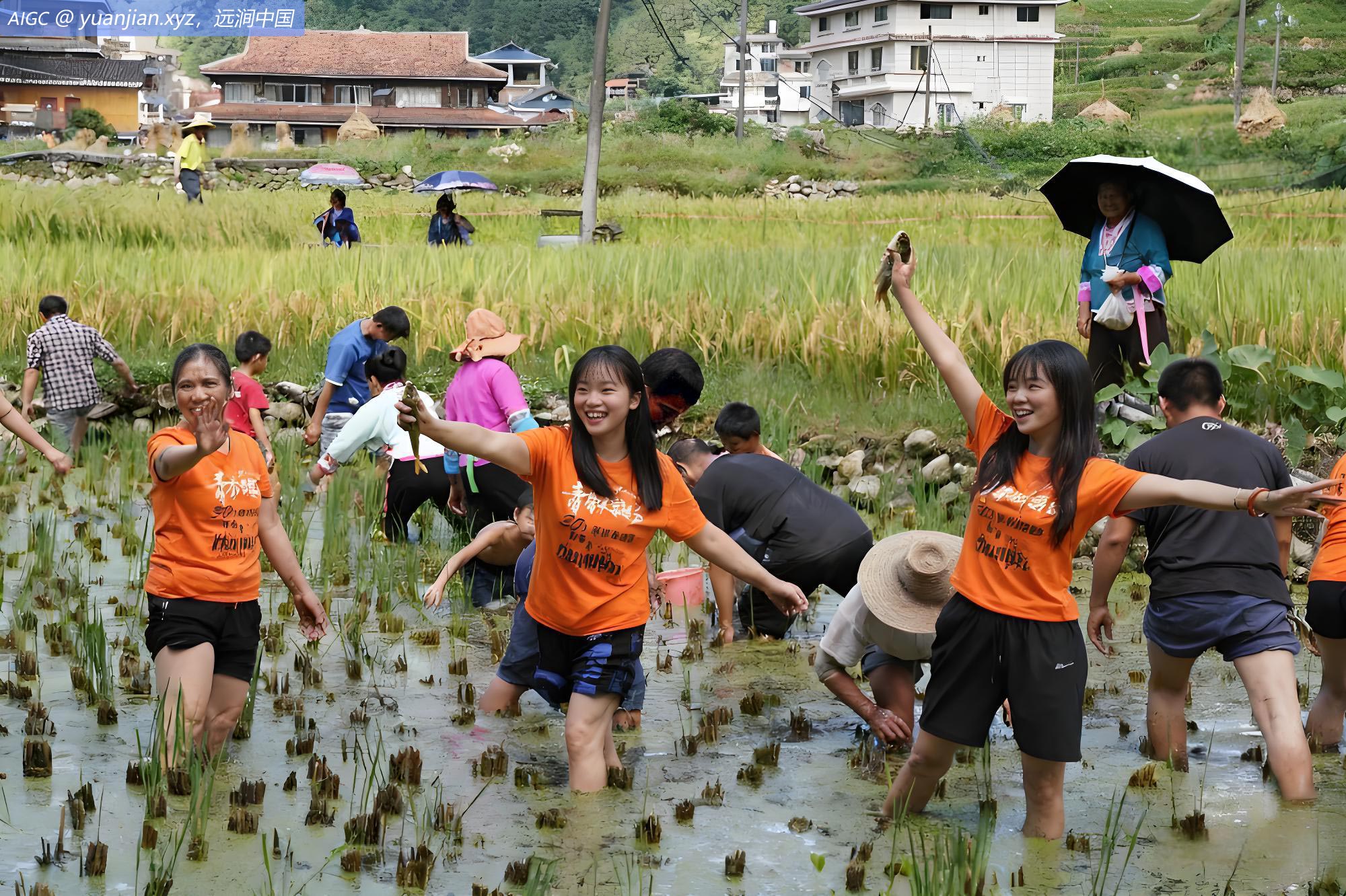 广西融水苗寨，村民和游客在田间摸禾花鱼。