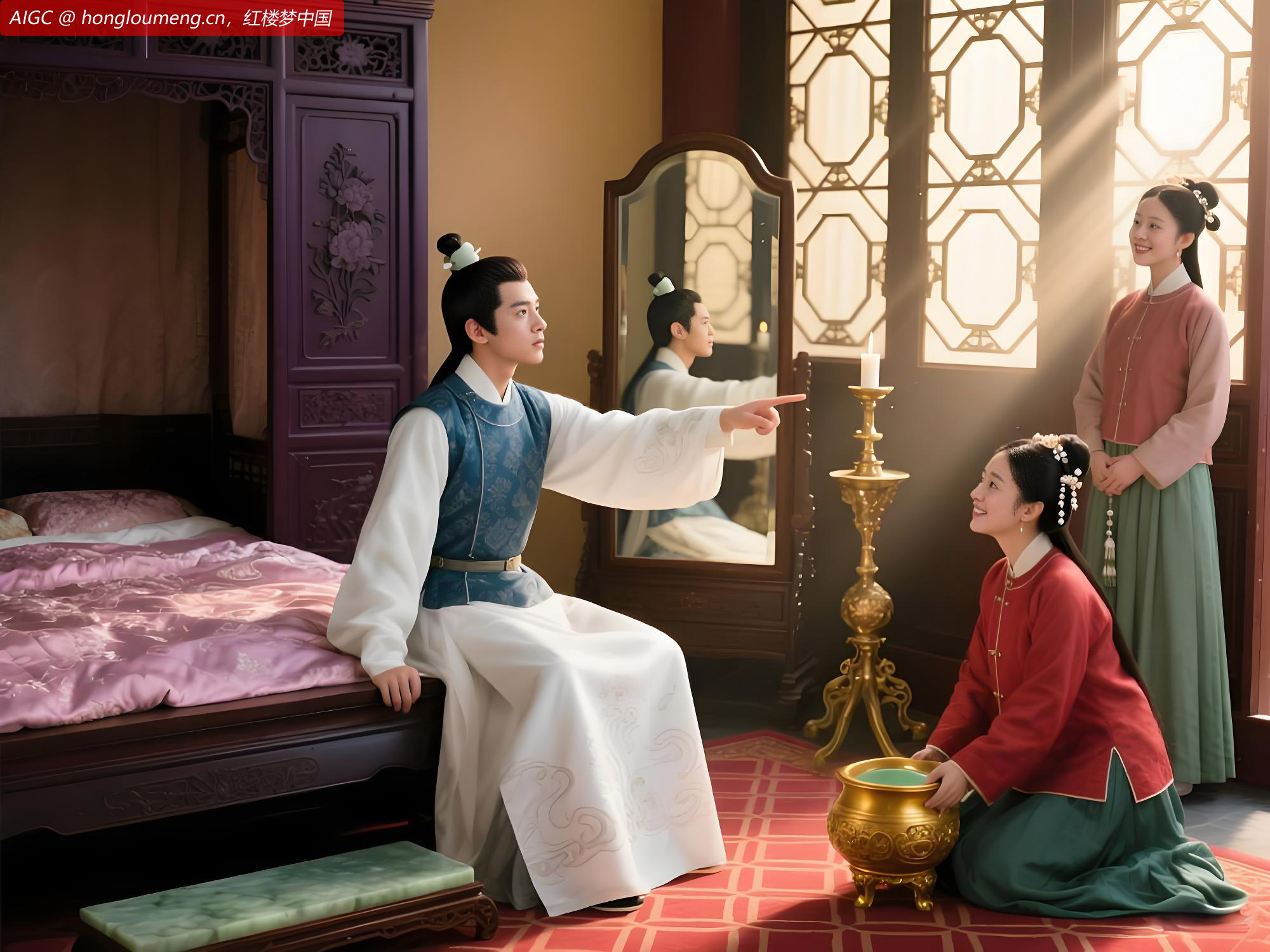 宝玉虽醒，神意尚恍惚，因向门外指说：“才出去了。”