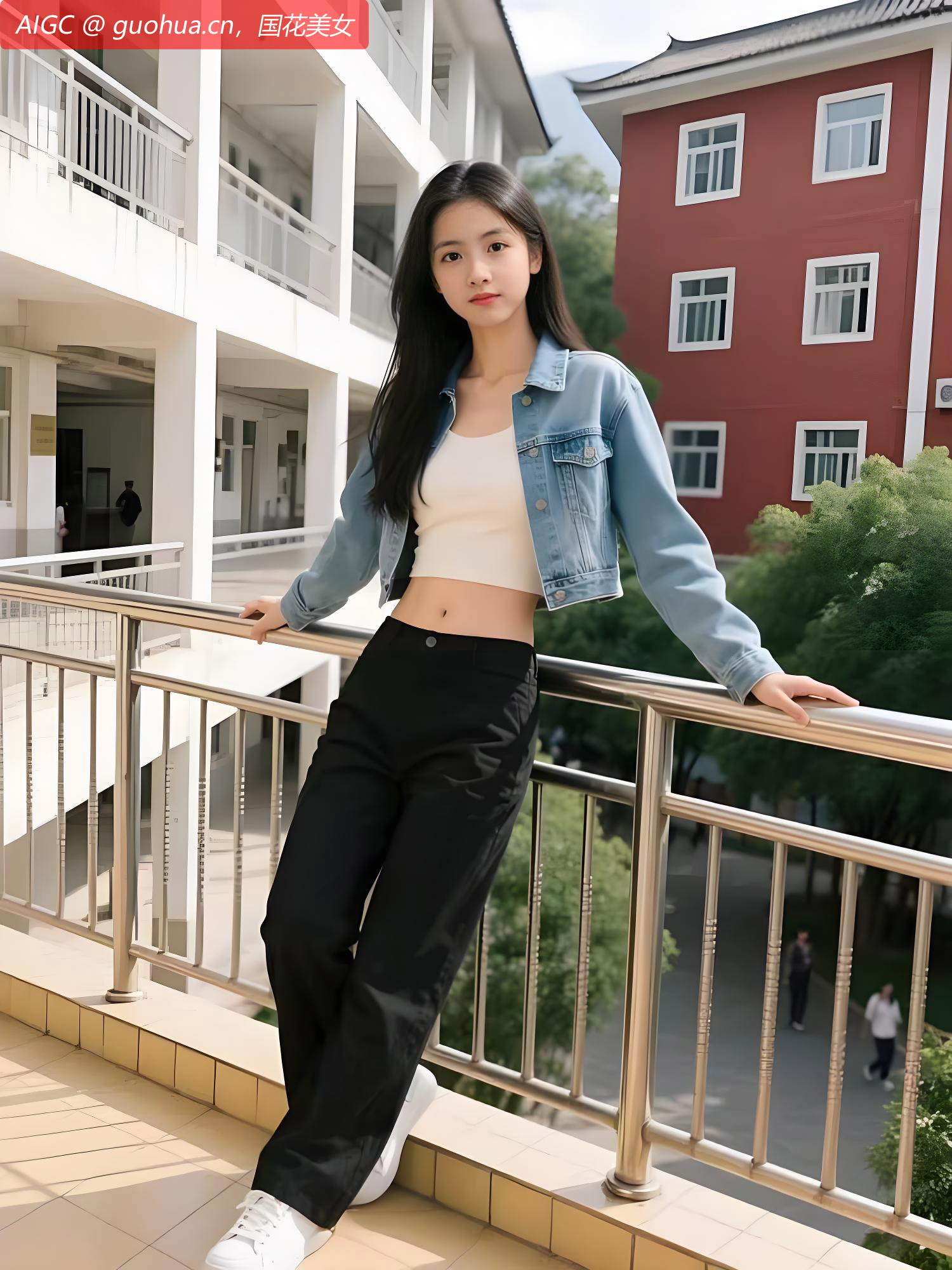 浅蓝牛仔外套搭配白色短上衣，简约又清爽