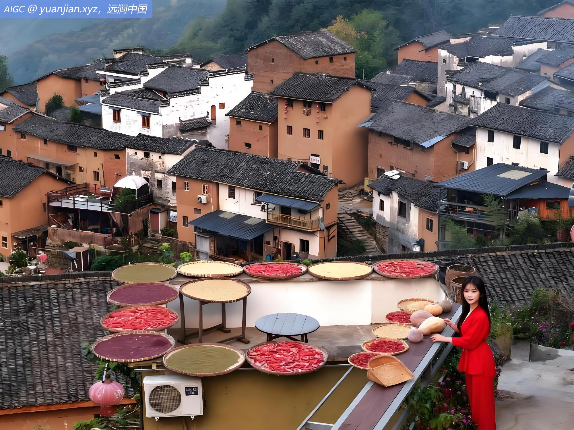 安徽歙县阳产村村民在土楼前晾晒农作物