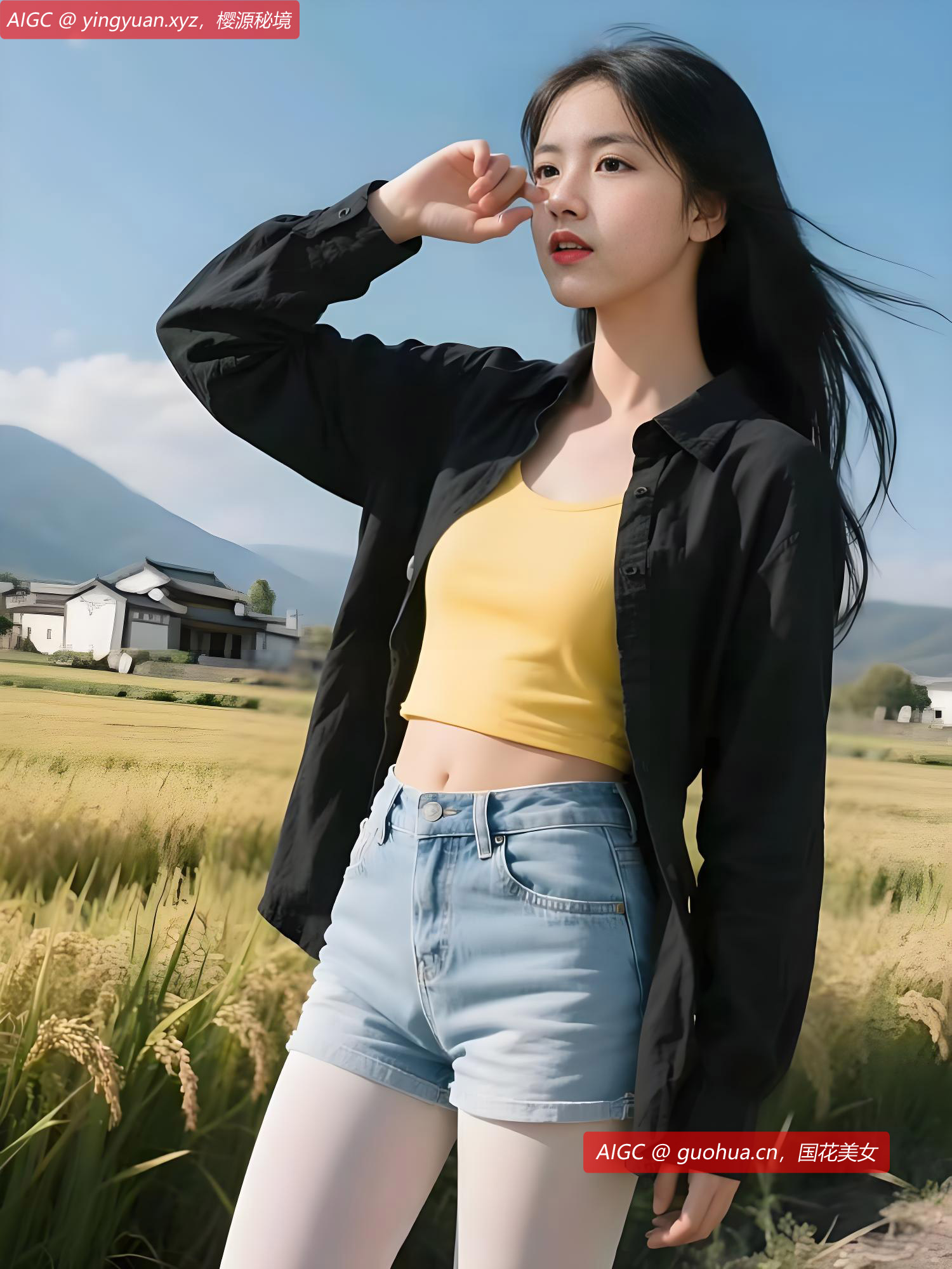 金黄稻田延展至远方，成熟的稻穗在风中微摆