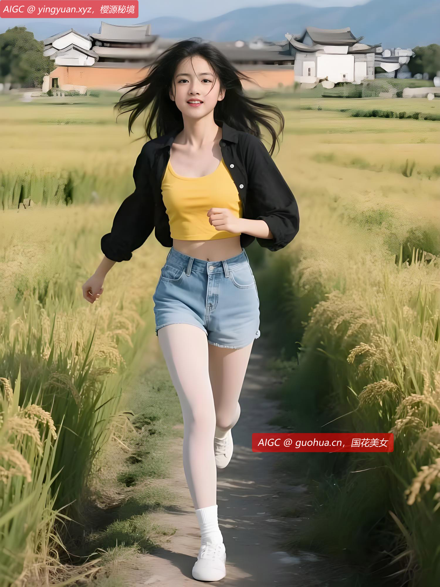 金黄稻田延展至远方，成熟的稻穗在风中微摆