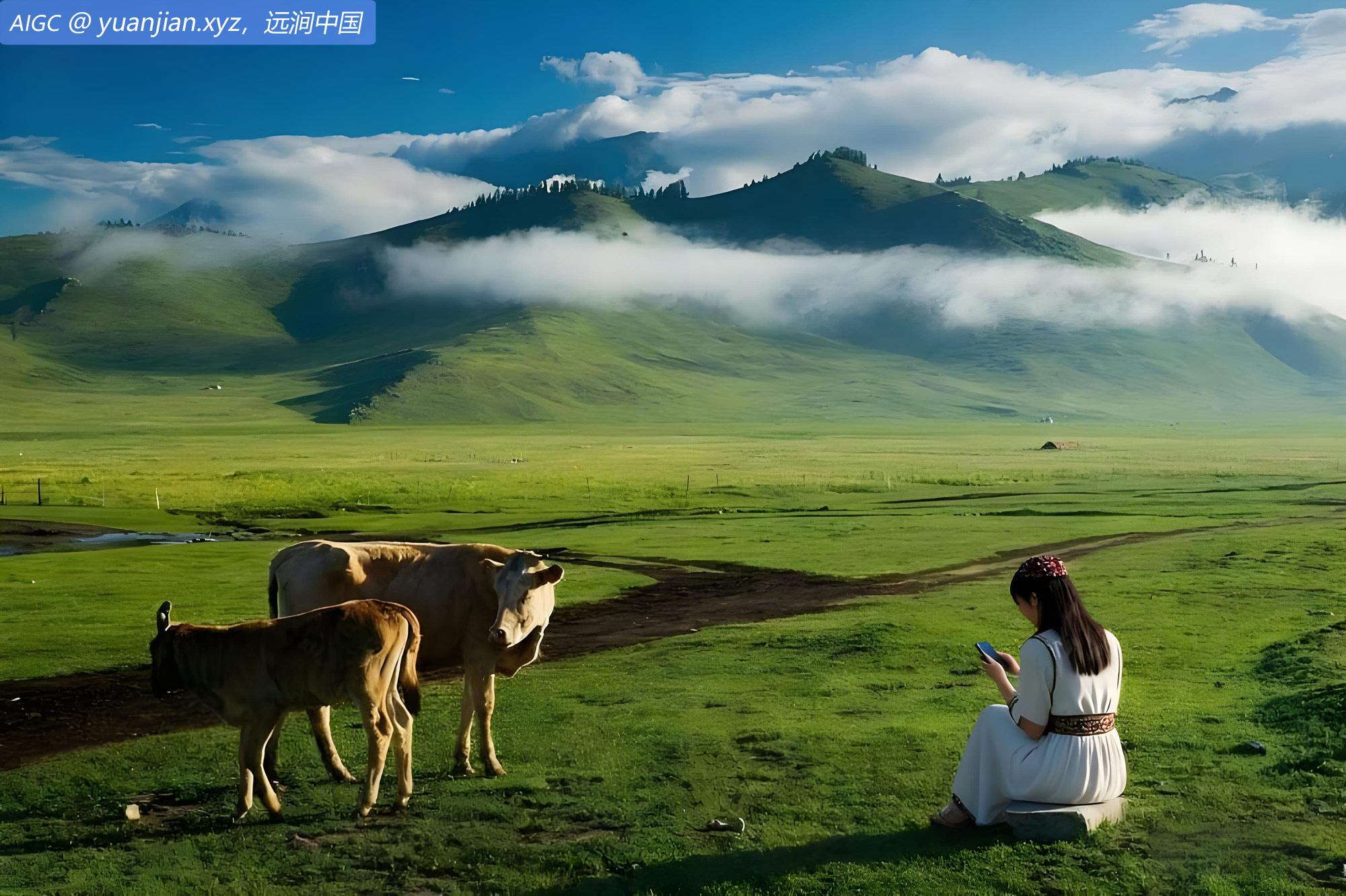 天山草原，微风轻拂，山峦叠翠，云雾缠绕。