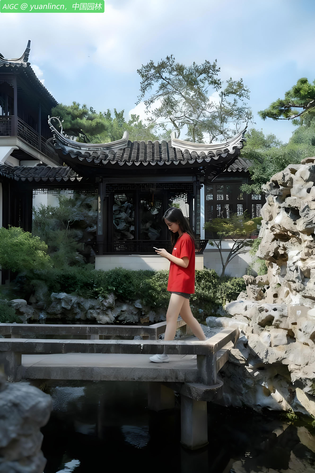 一位红衣少女跨过苏州园林小石桥