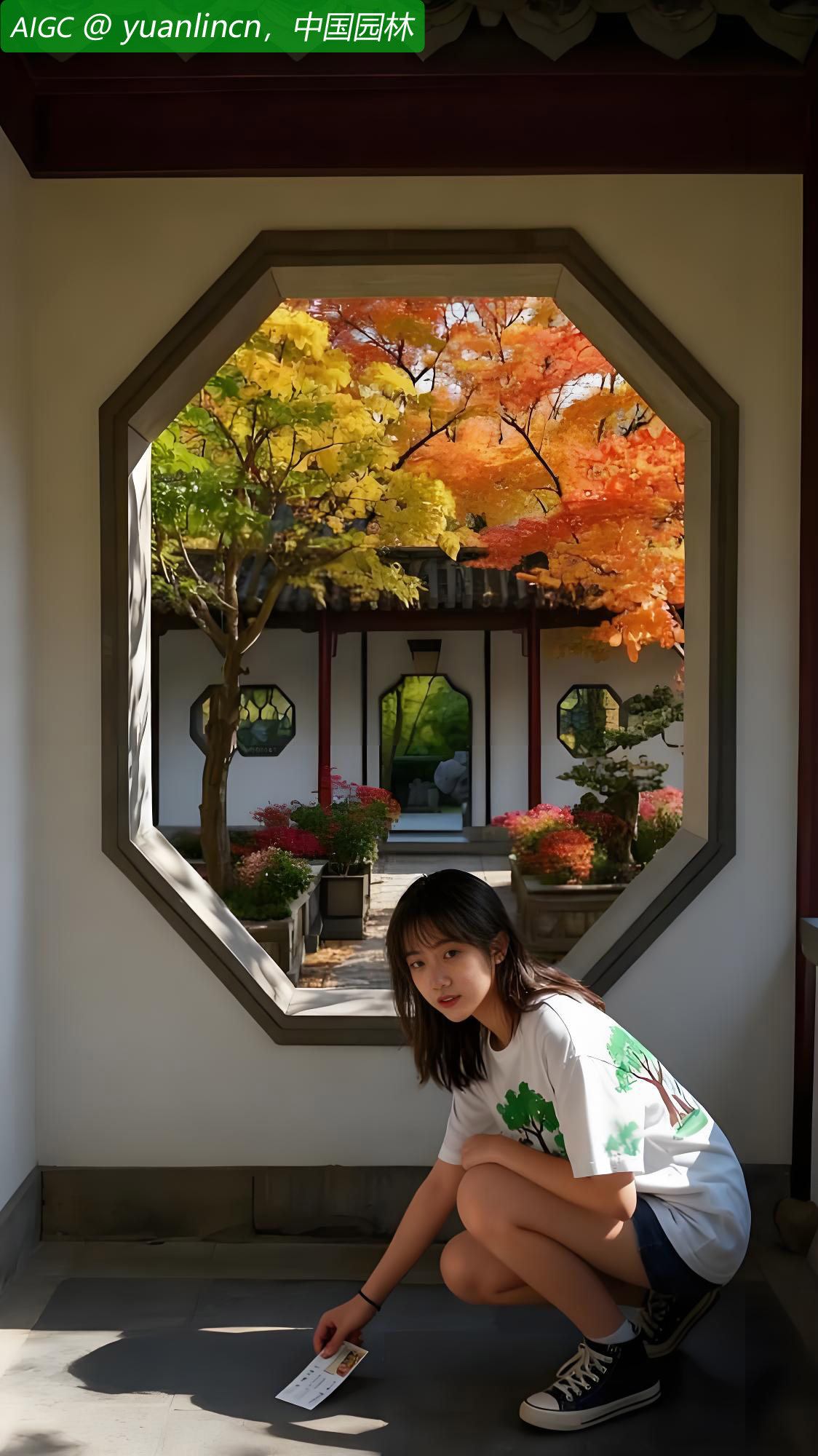 一位姑娘在苏州园林游廊的景窗前打卡