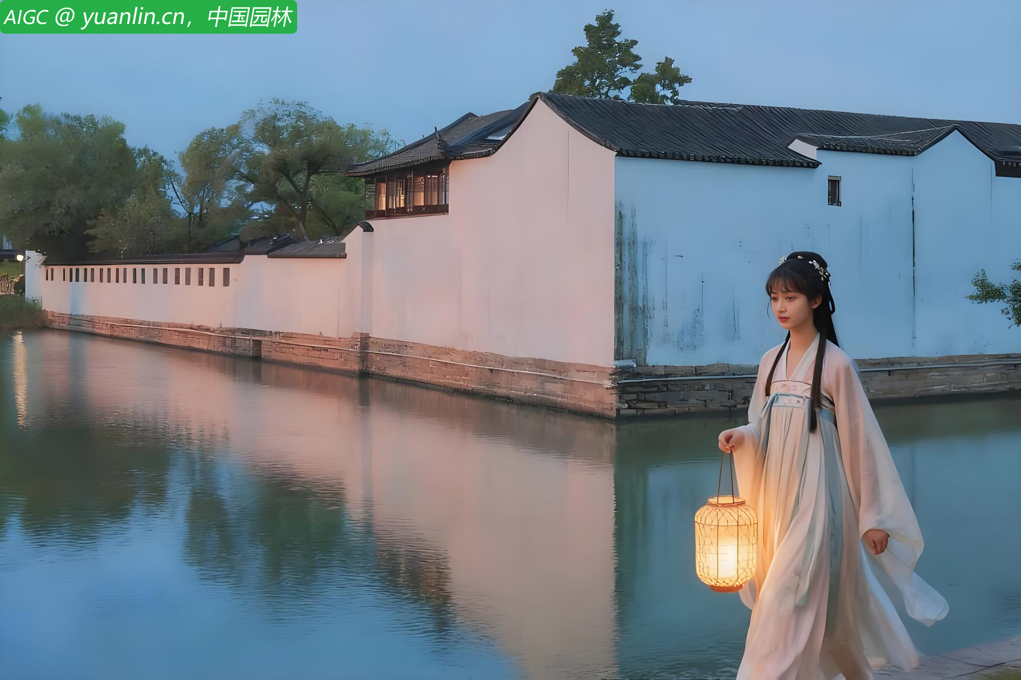 水月分辉。一位游客提着灯笼走在河岸