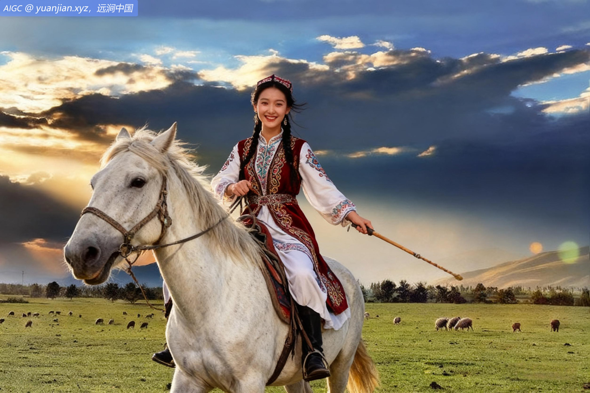 古丽扎娜骑在白马上，笑容明媚如阳，她是草原的女儿