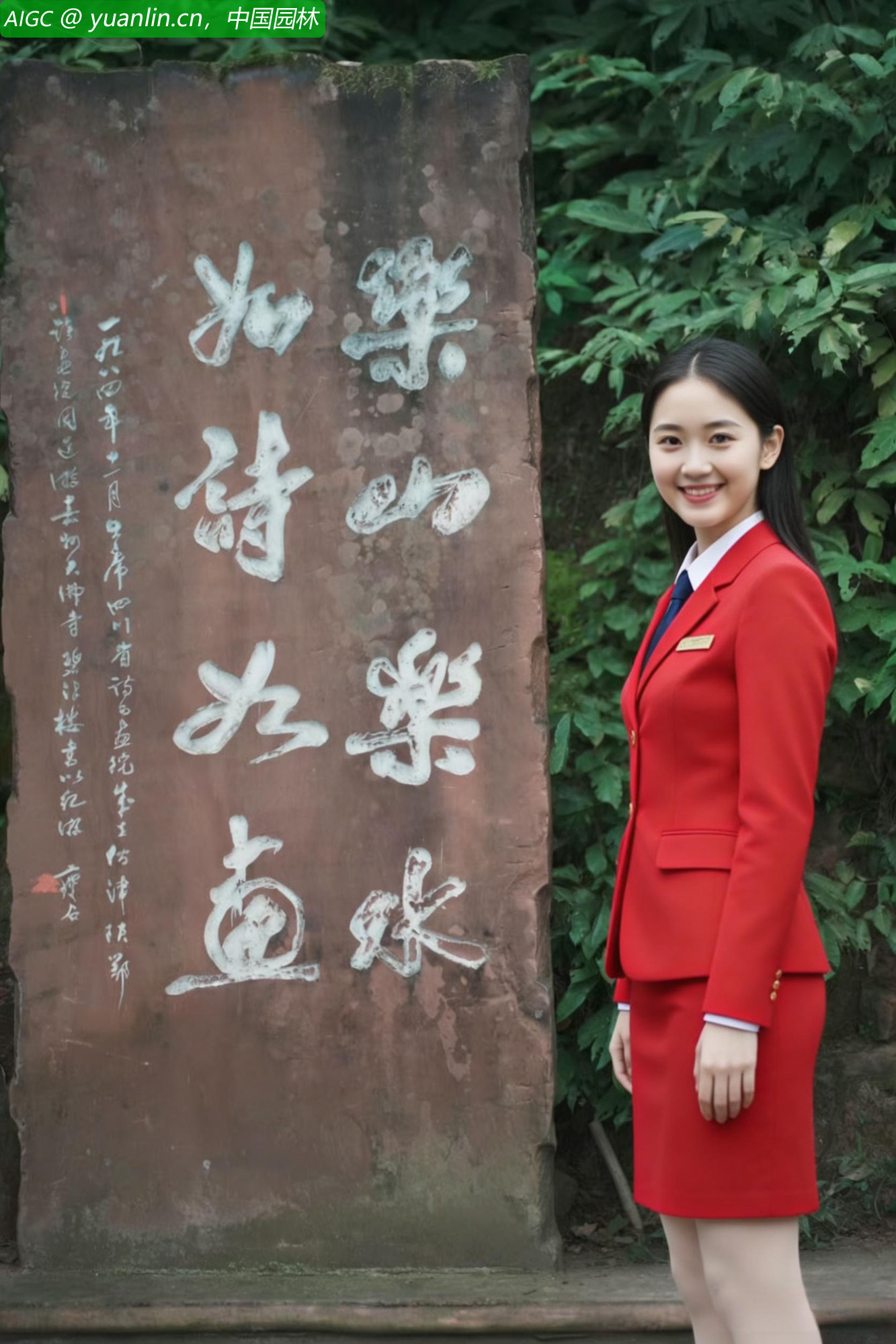 一位空姐在乐山大佛前留影。乐山乐水，如诗如画。