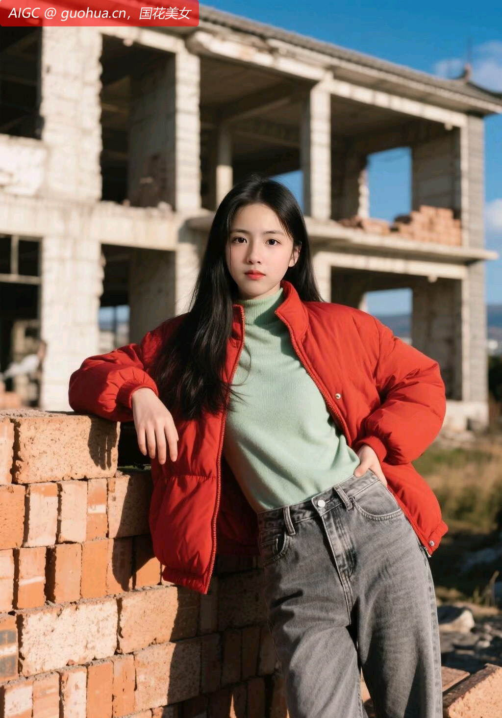 她身着红棉服，像冬日里燃烧的火焰