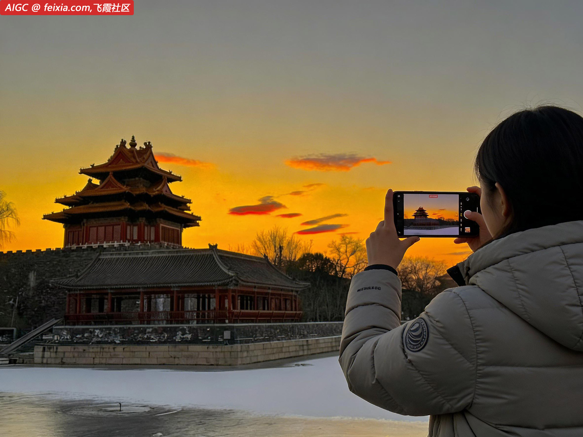 故宫角楼的琉璃瓦覆盖着薄雪，在飞霞中熠熠生辉
