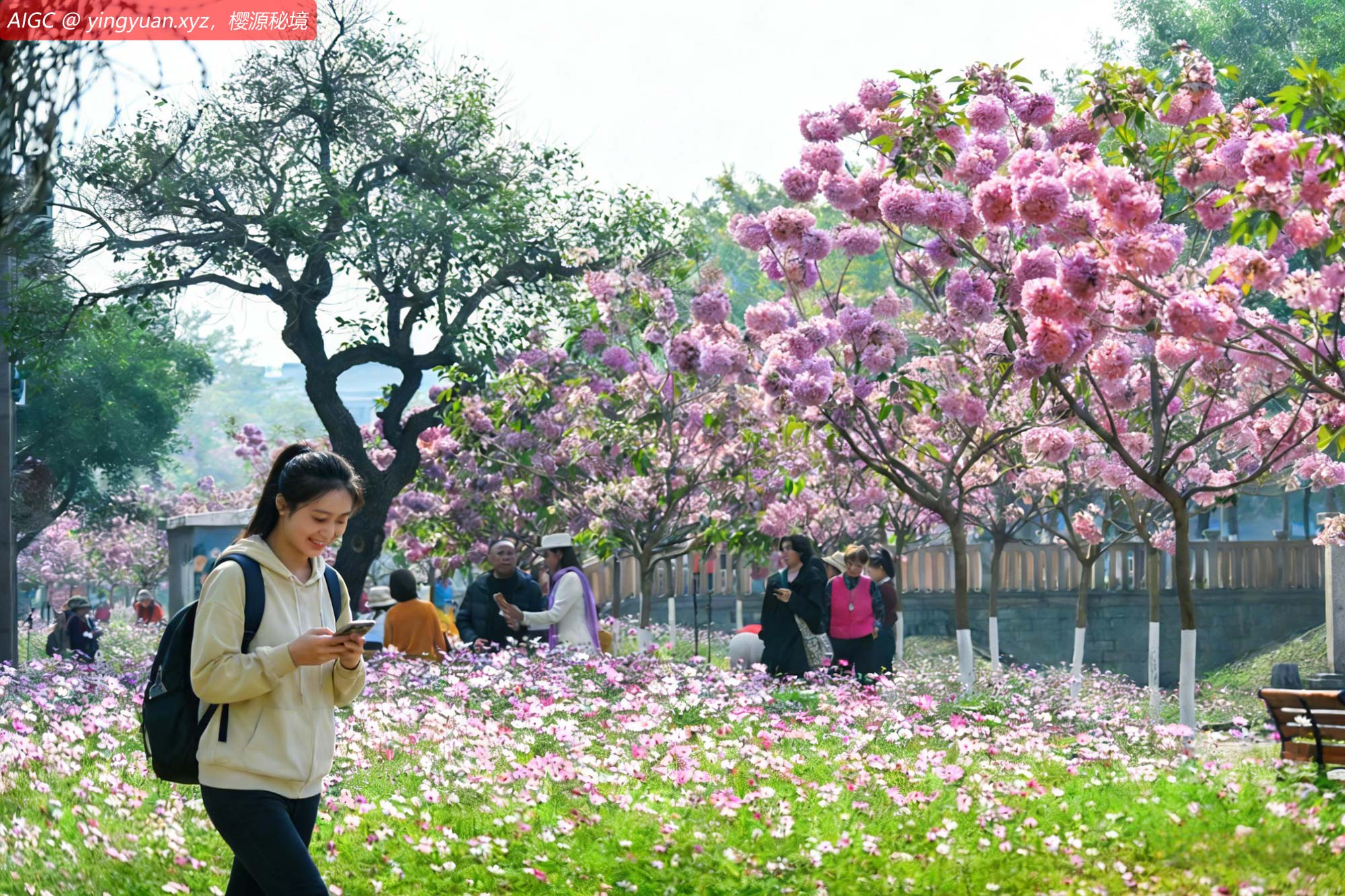 广西南宁学院紫花风铃木、格桑花同时绽放