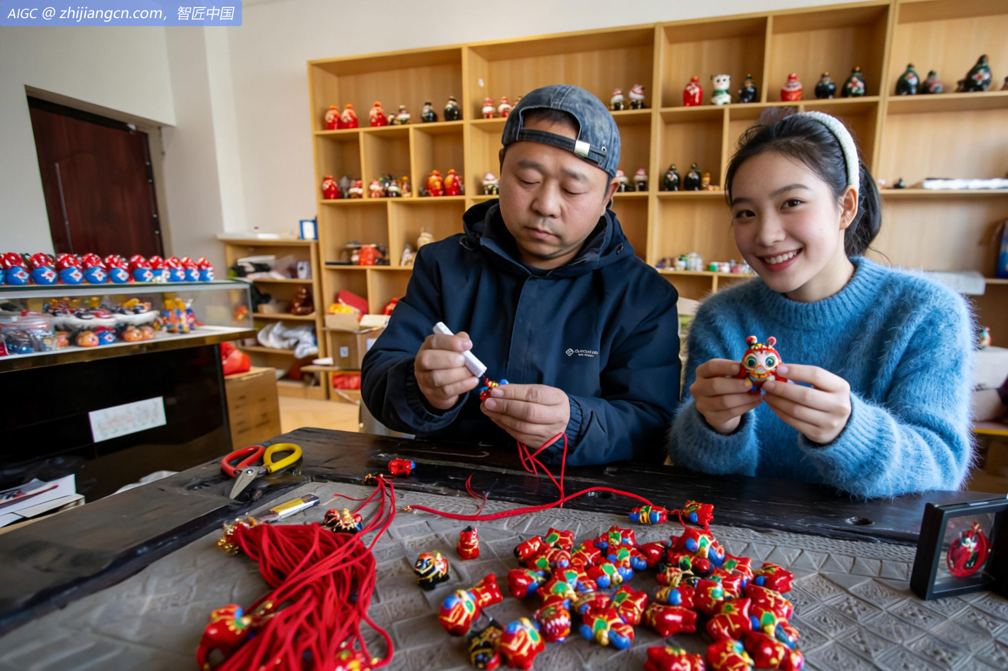 河南省鹤壁市杨玘屯村，非遗传承人展示泥塑五福彩马