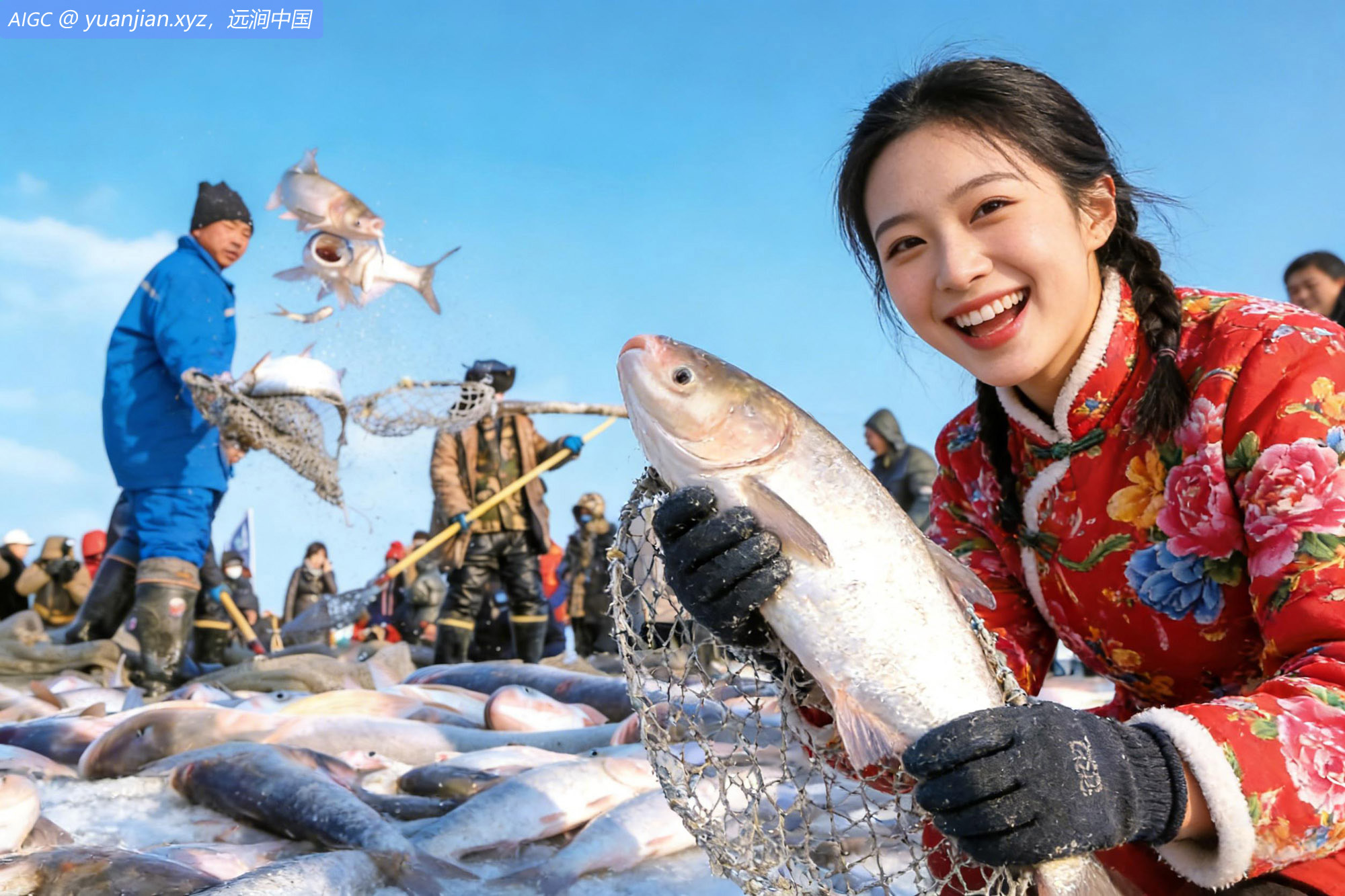 兴凯湖冬捕节现场，渔民展示冬捕的大鱼