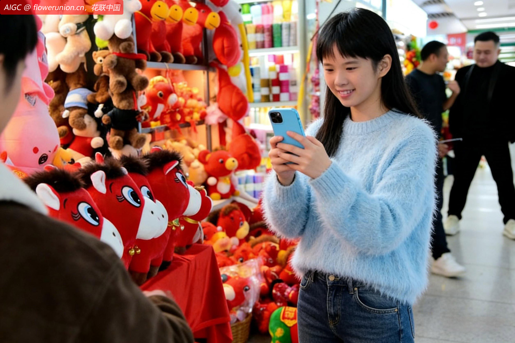 义乌国际商贸城，一个小姑娘正在扫码购买“哭哭马”