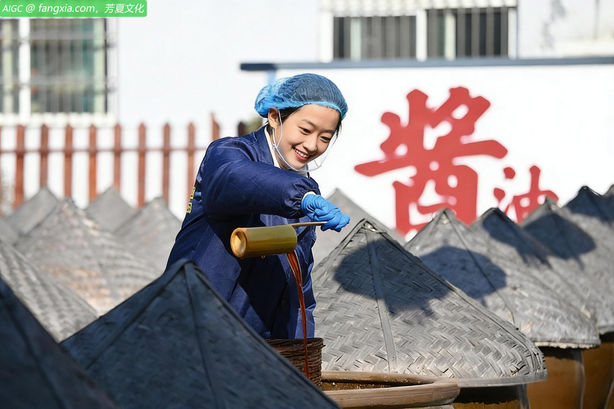 山东滕州传统酱油醋酿造基地，公司员工在浇淋酱油