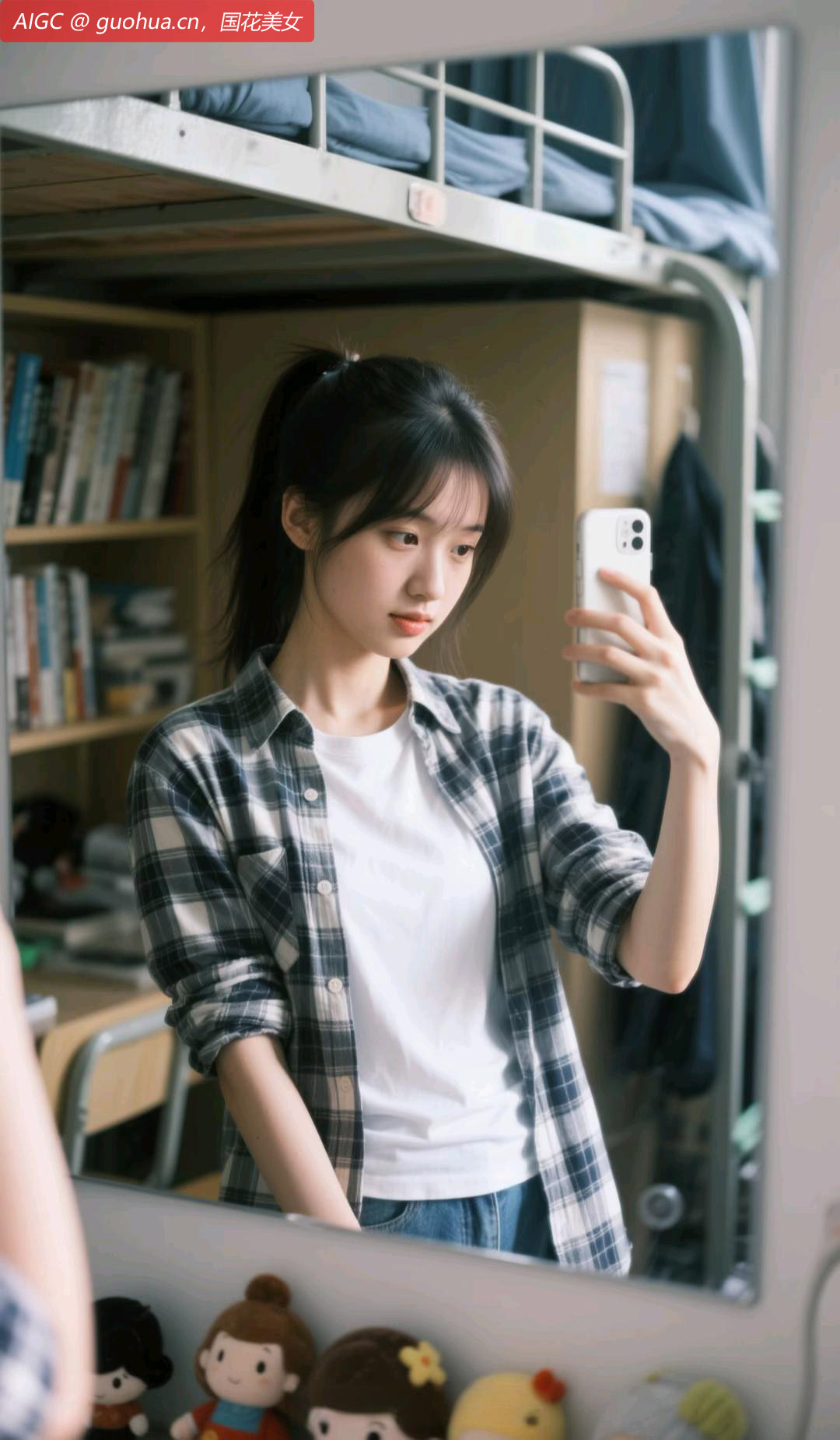 若曦在大学宿舍里，她身着白T恤与格子衬衫