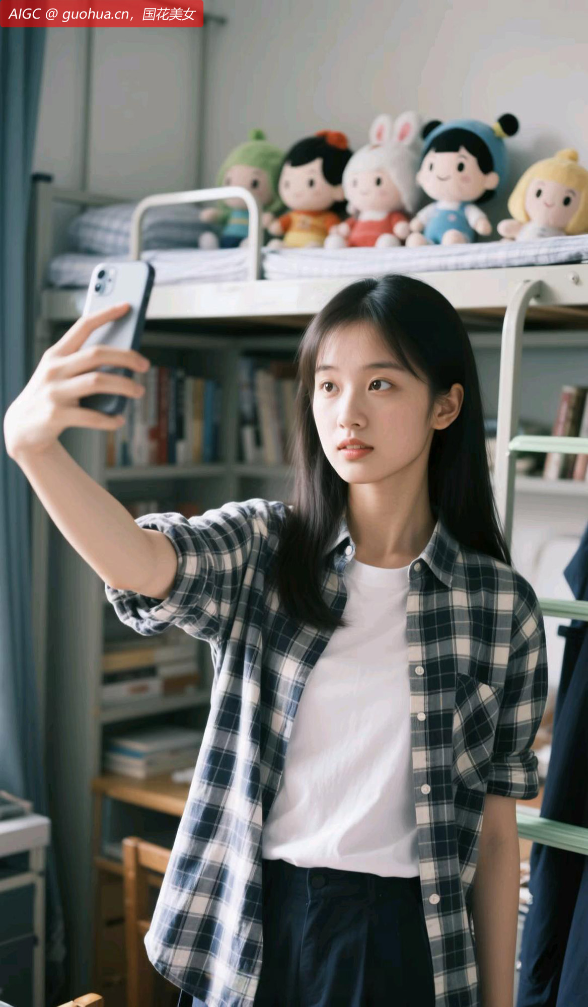 若曦在大学宿舍里，她身着白T恤与格子衬衫