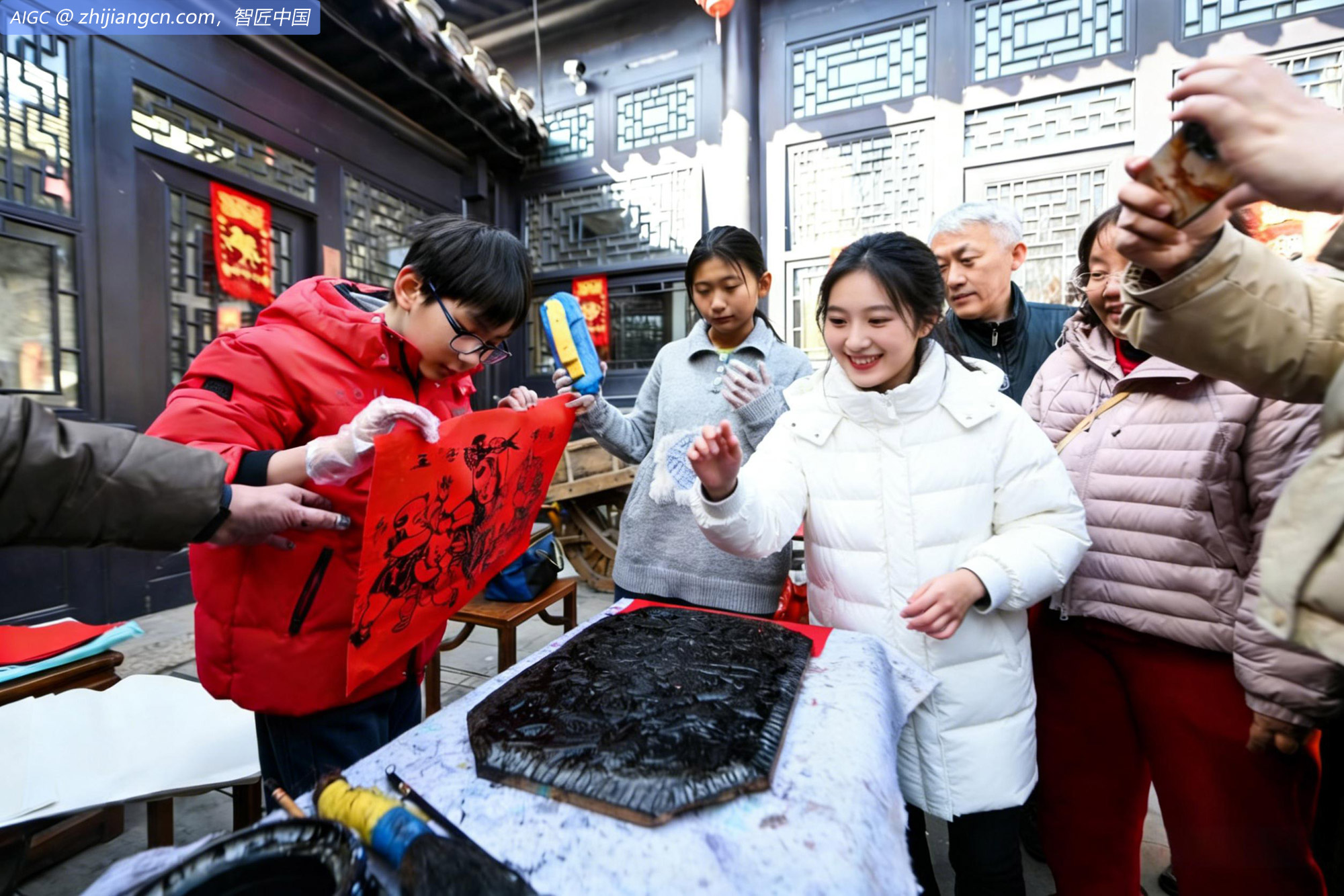 游客在杨柳青古镇体验年画制作。