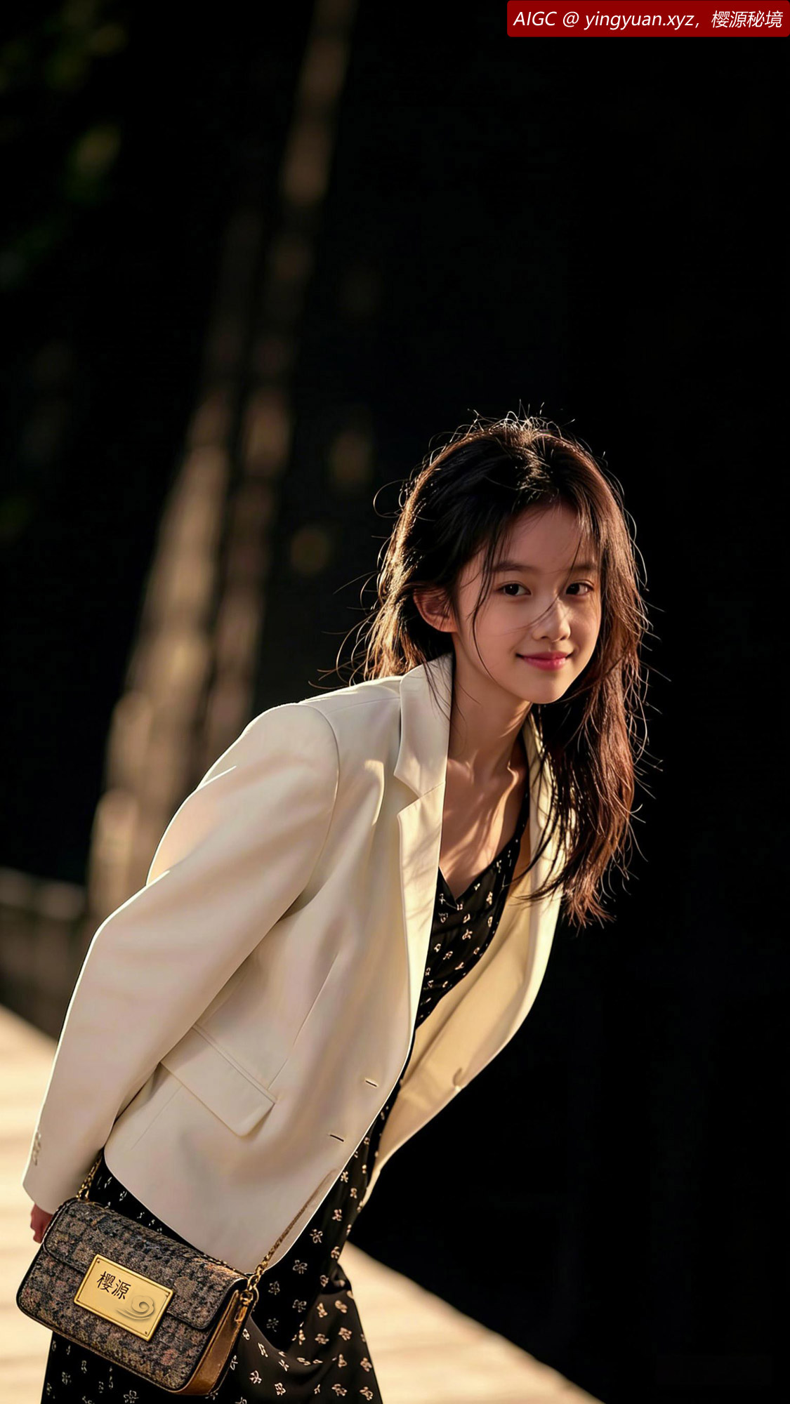  林悦身着一袭黑底花裙，柔顺长发在微风中轻轻飘动