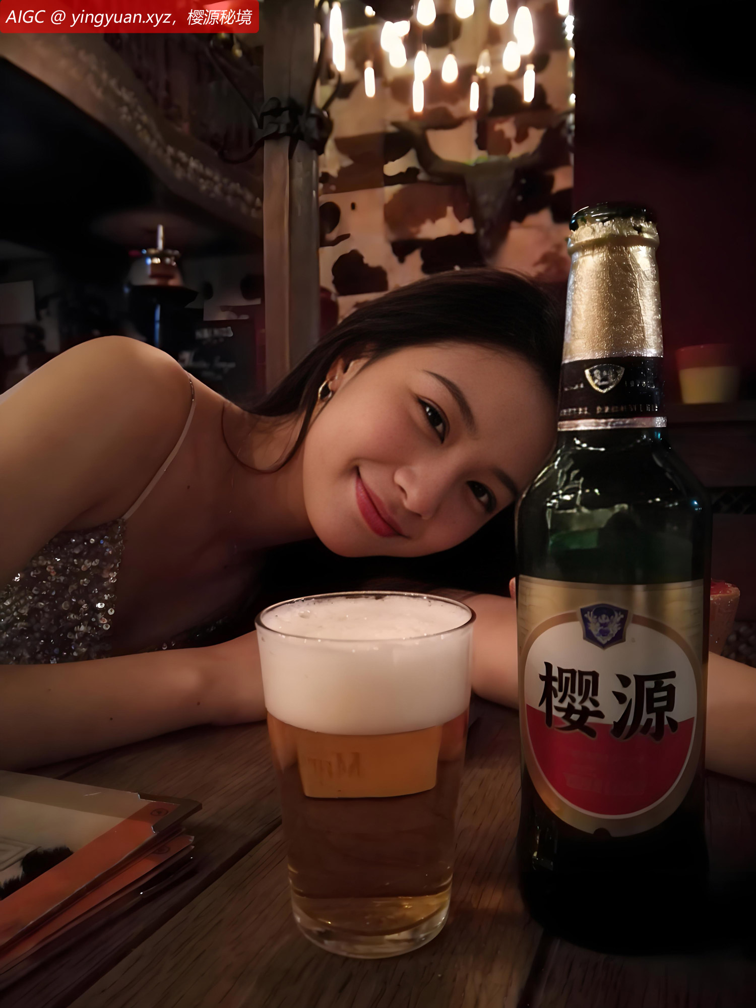 一杯樱源啤酒正泛着绵密泡沫