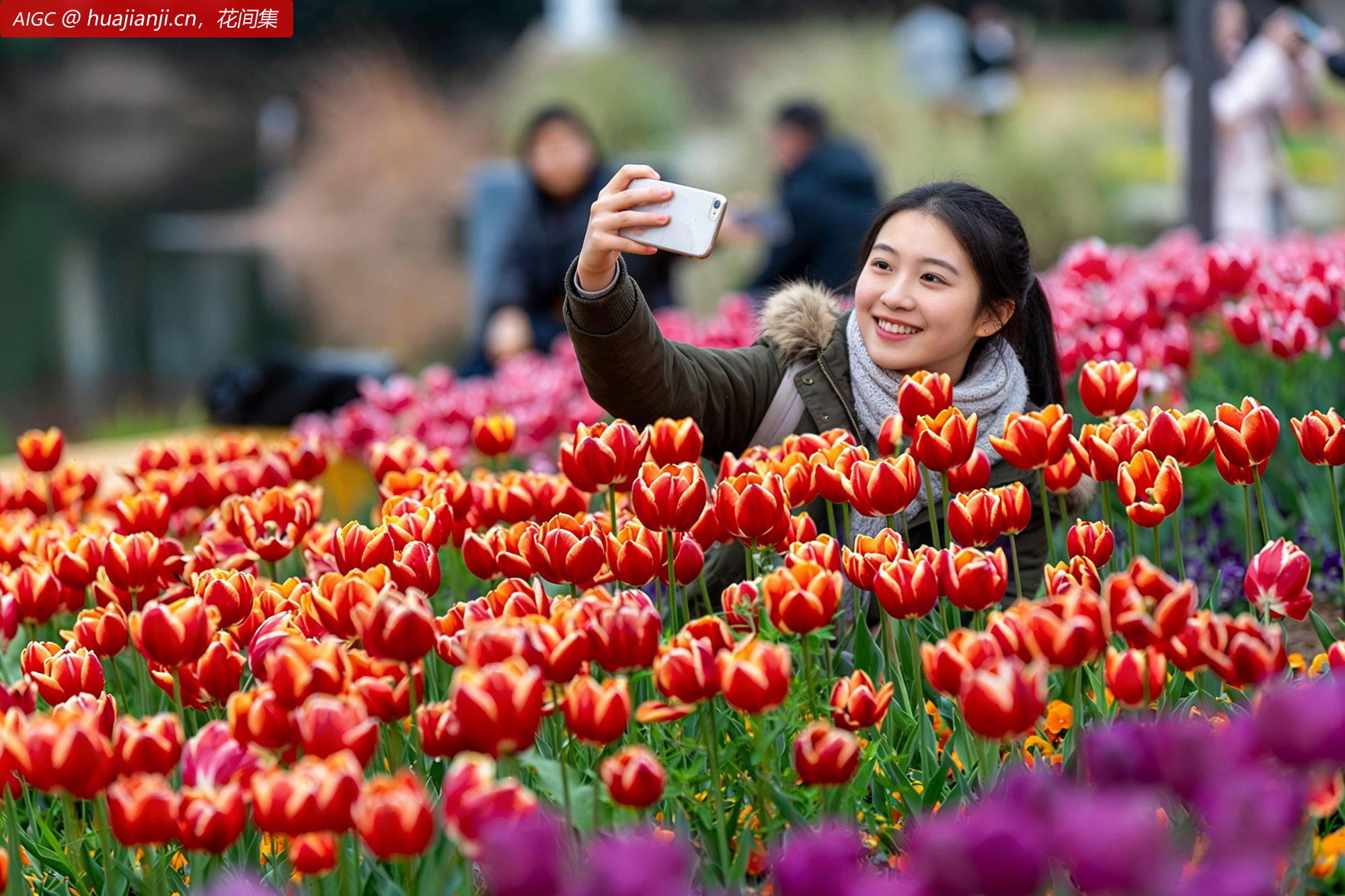 浙江金华燕尾洲公园内，成片郁金香相继绽放