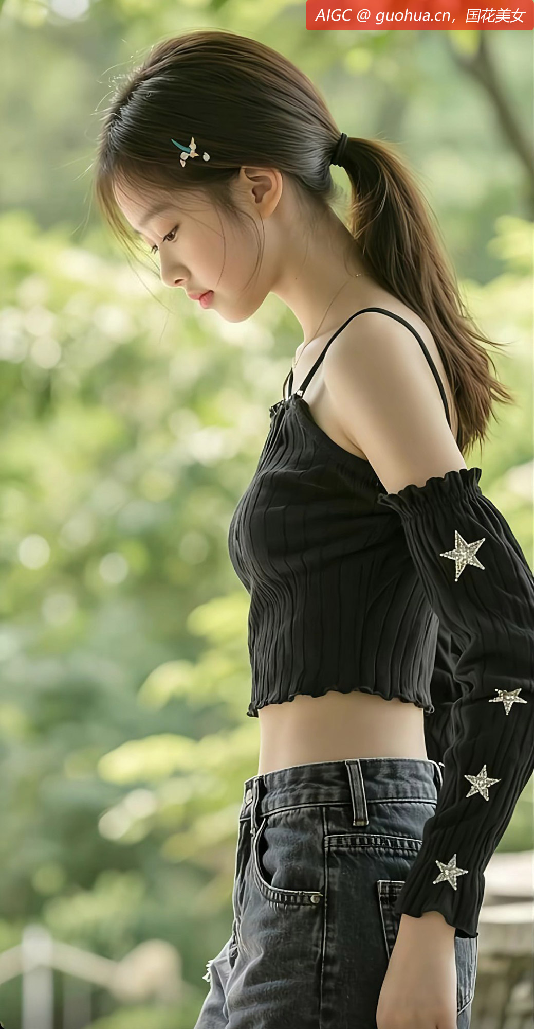 夕染一身简约黑色露肩短上衣