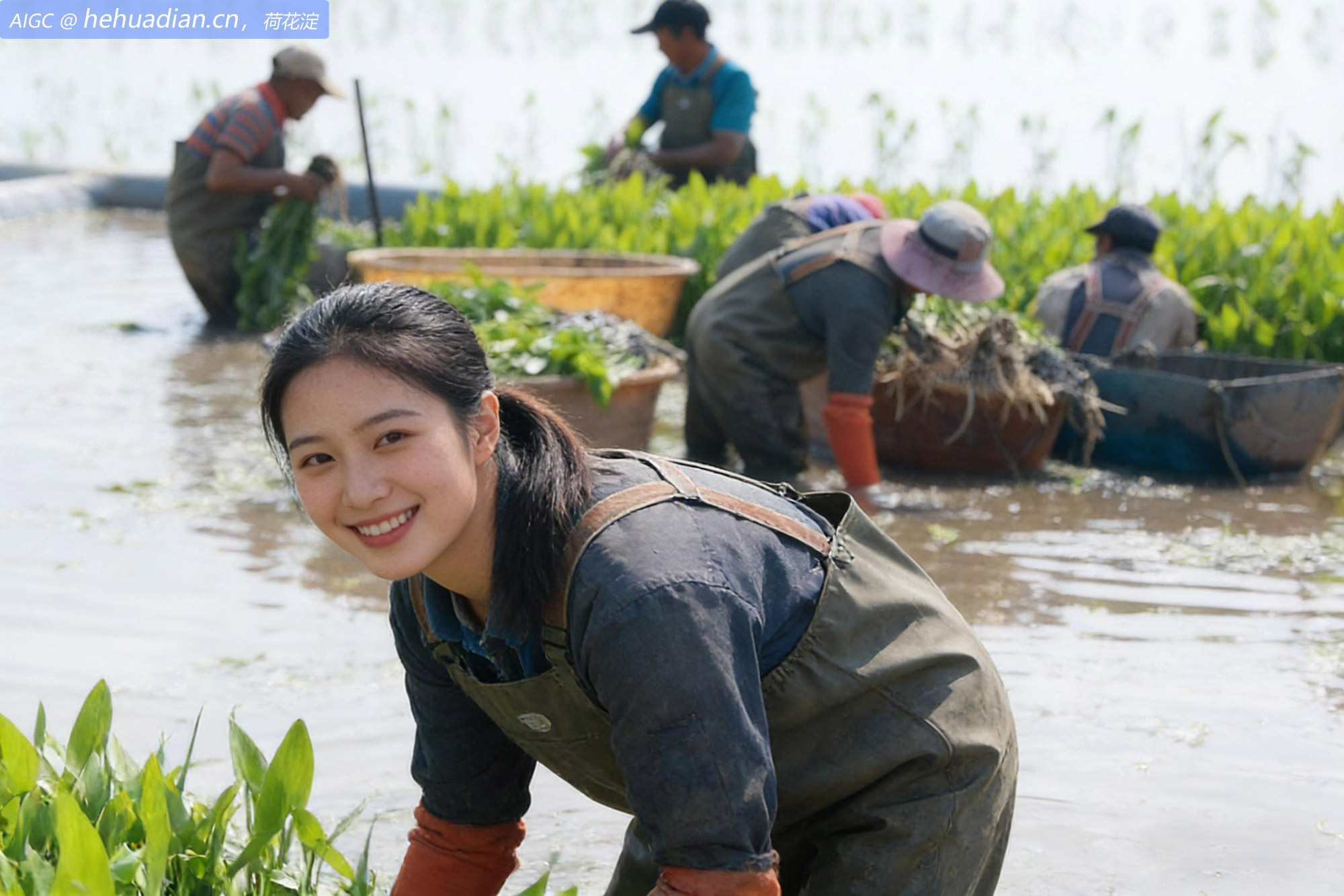 云南曲靖三岔河镇水生蔬菜种植片区，农户们正在移栽慈姑