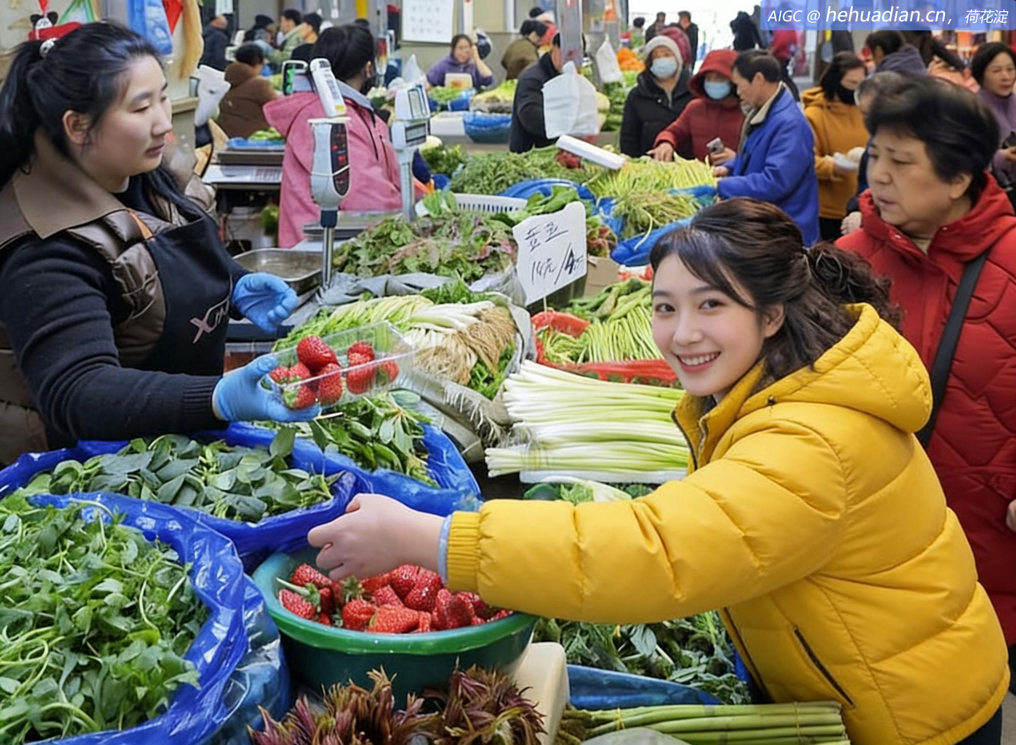 江苏南京，市民在一家农贸市场内选购蔬菜