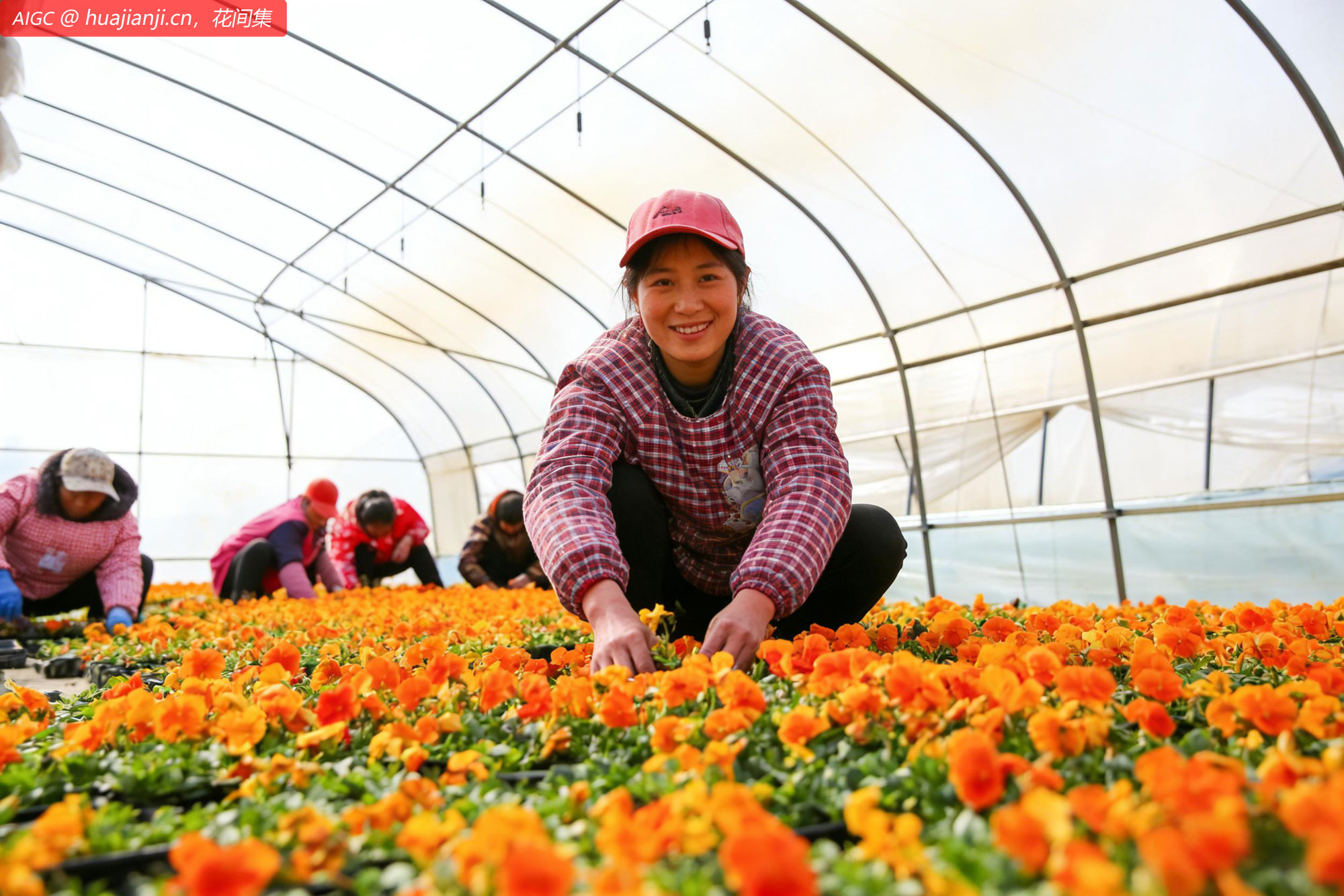 江苏省如皋市鲜花盆栽育苗基地，村民们育苗盆栽