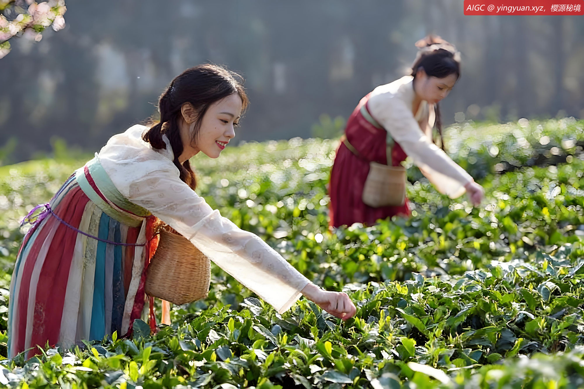 成都市蒲江县炮林山茶叶基地，游客身着古装体验春茶采摘