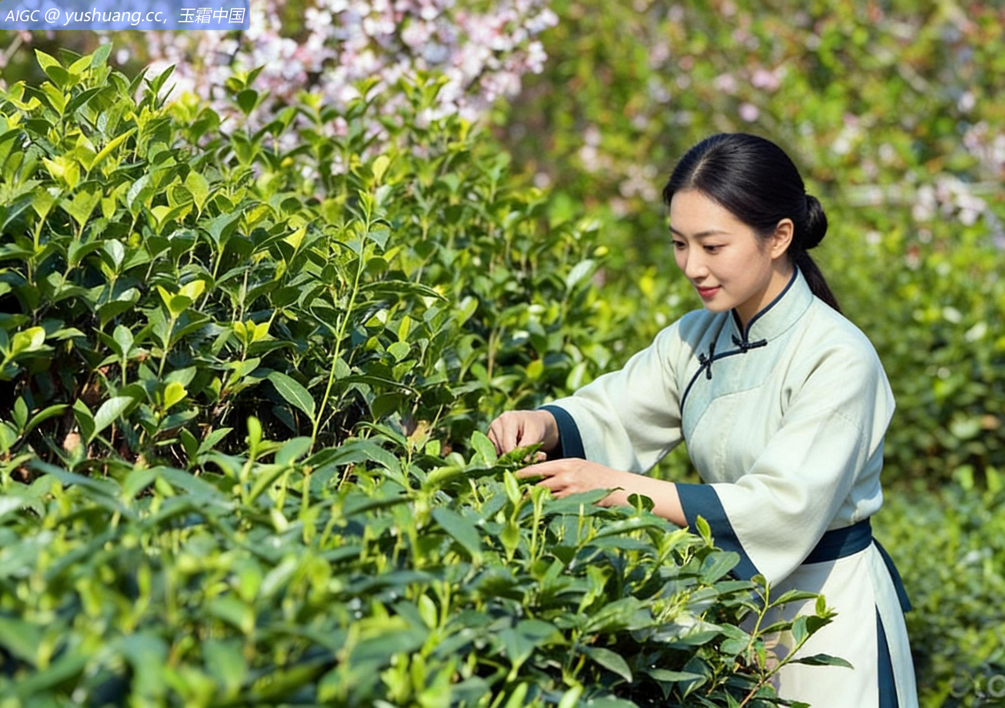 成都市蒲江县炮林山茶园里，茶农忙着采摘玉霜新茶