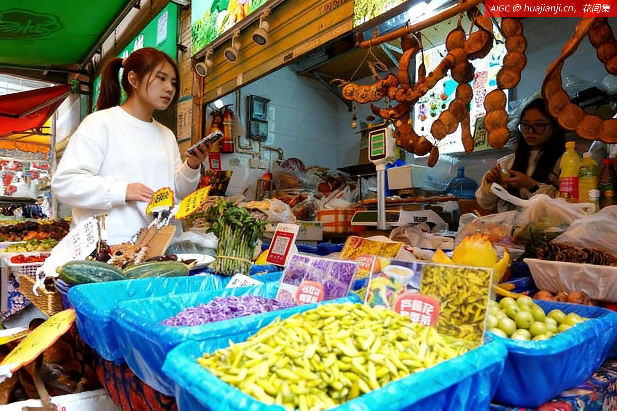 云南省昆明市篆新农贸市场，食客选购春季野菜。