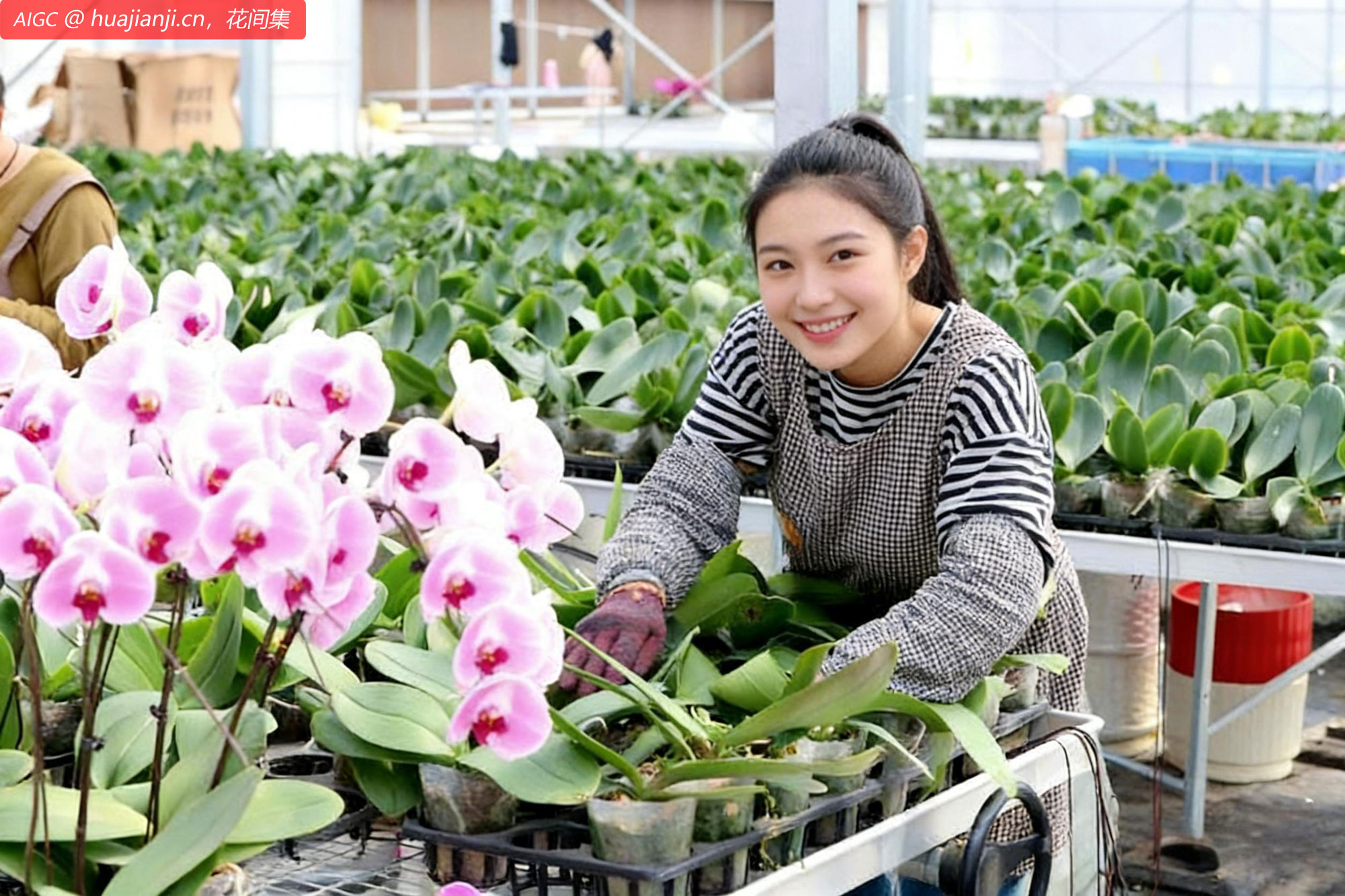 江苏省宿迁市现代休闲农业产业园，村民在管护蝴蝶兰