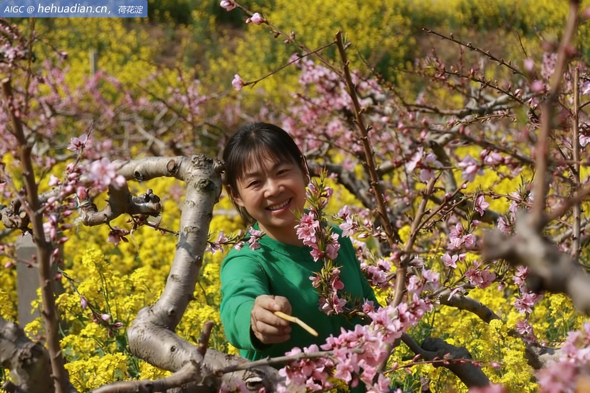 河南省安阳市内黄县豆公镇农民在为桃花授粉