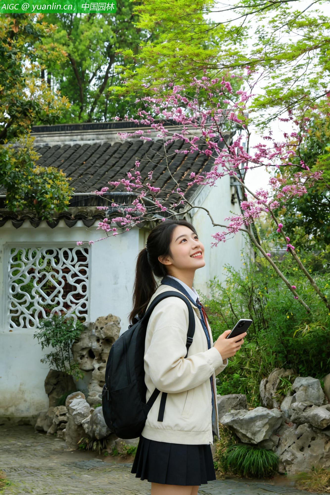 一位女大学生漫步在拙政园，紫荆花肆意绽放