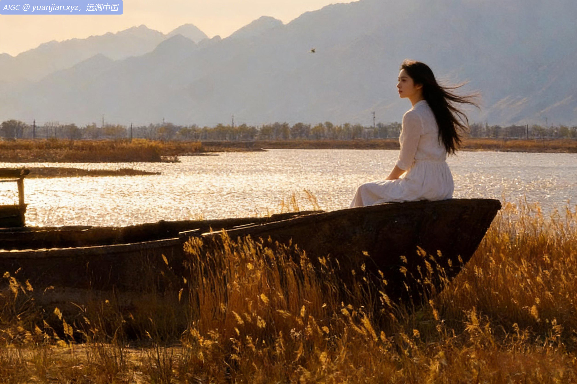 呼和浩特市土默特左旗哈素海，晚霞浸染，水天一色