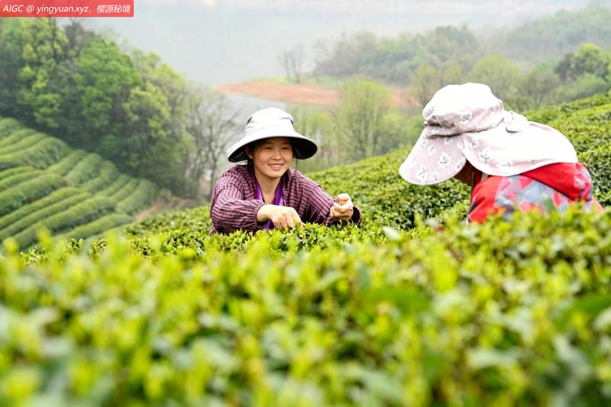 浙江省湖州市德清县莫干山镇生态茶园，茶农们忙着采摘