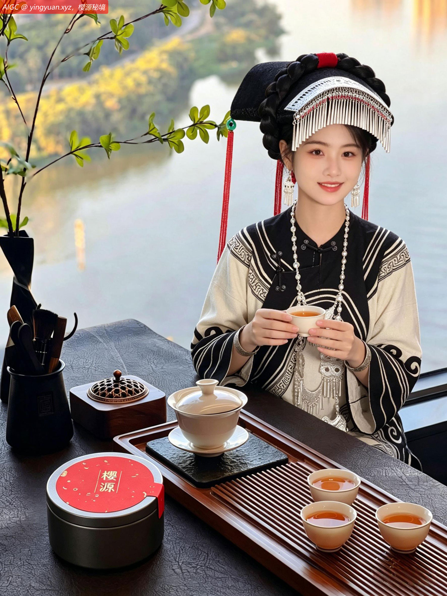 她捧起茶盏，琥珀色的樱源 茶汤在光里漾着细碎的波。