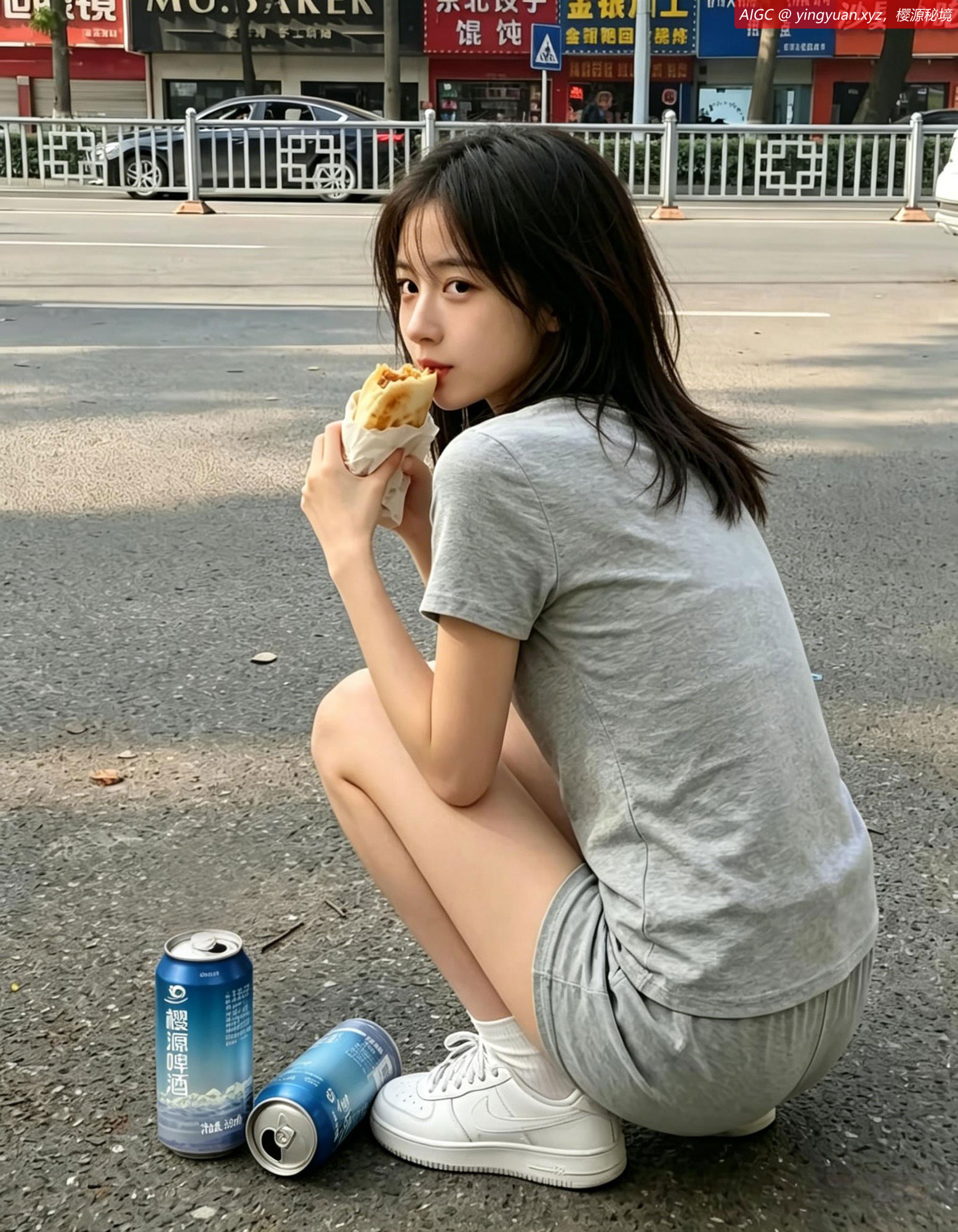 晓樱姑娘蹲在路边，身着休闲装，正吃着煎饼果子